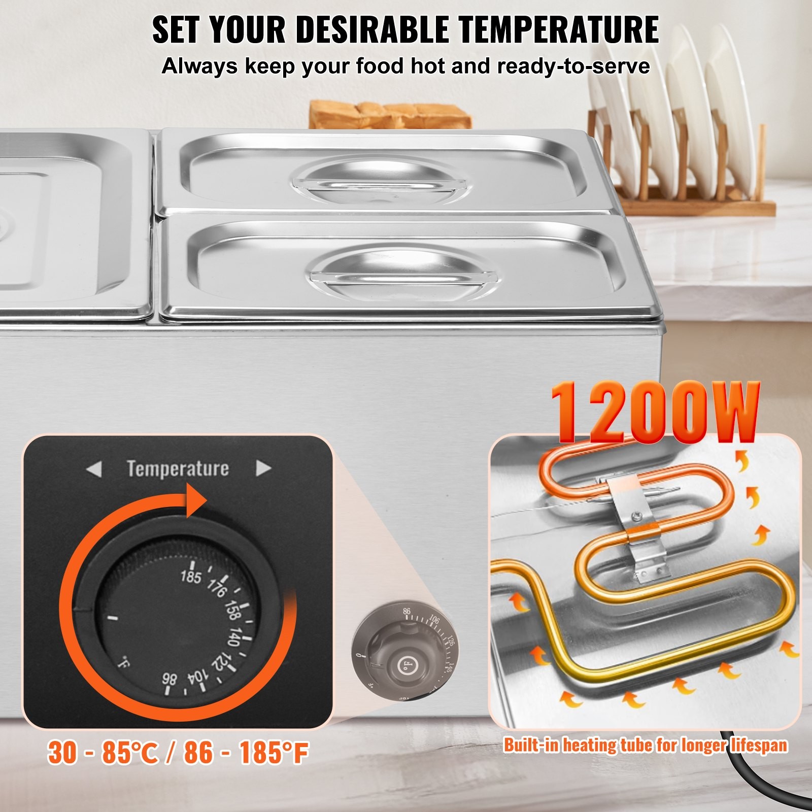 24QT Commercial Food Warmer, 3-Pan Electric Steam Table, 1200W Professional Coun