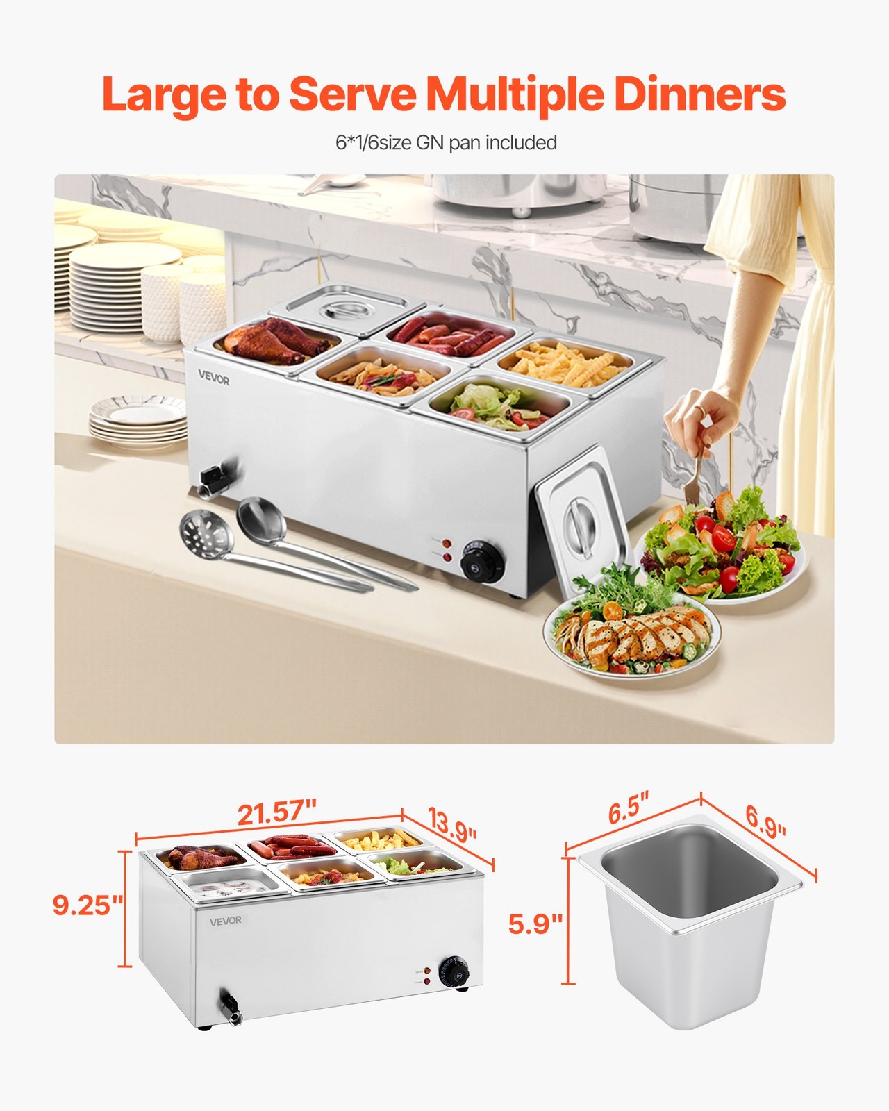 24QT Commercial Food Warmer, 6-Pan Electric Steam Table, 1200W Professional Coun