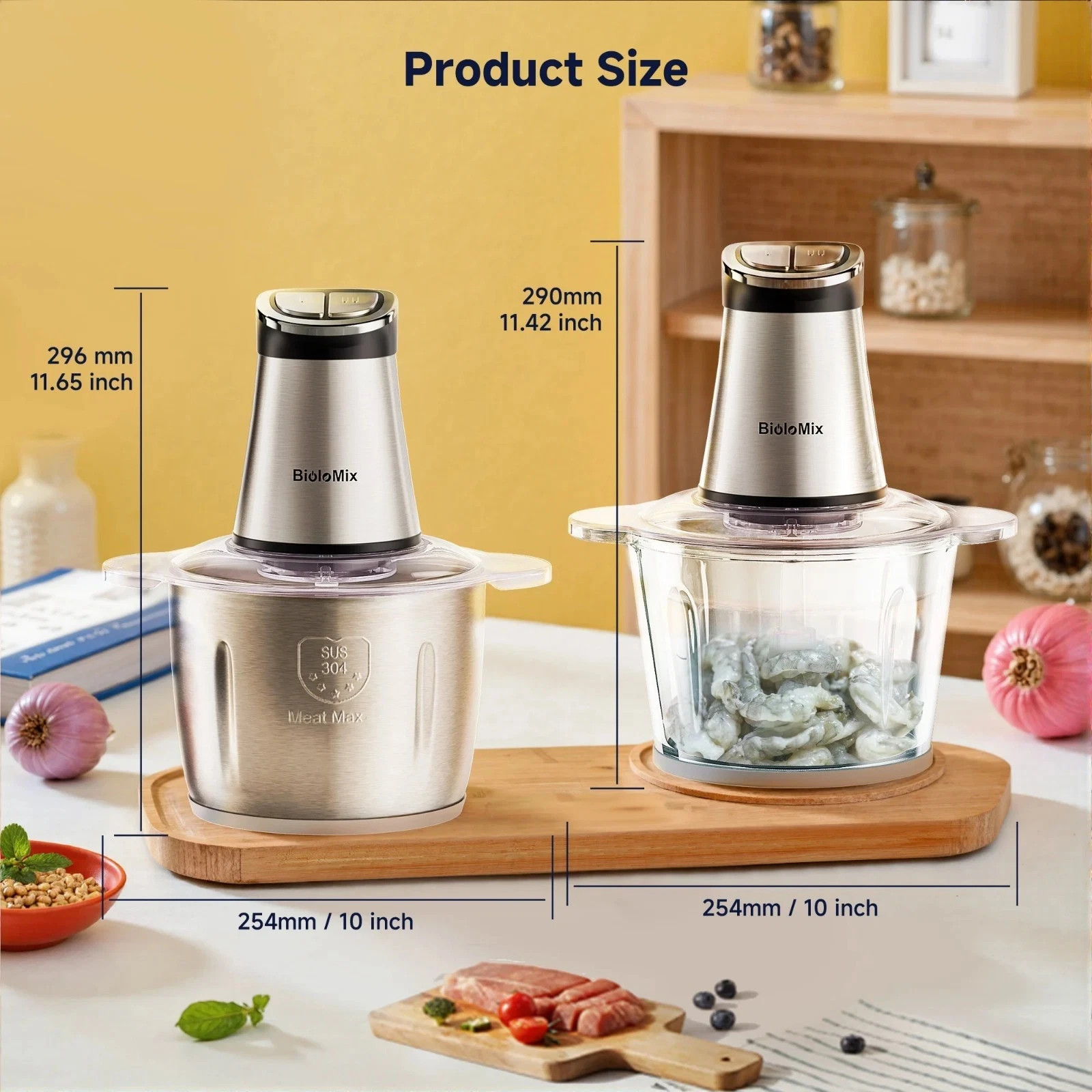 BioloMix Mini Food Processor 300W Electric Chopper 2 Bowls 4 Blade Meat Veg