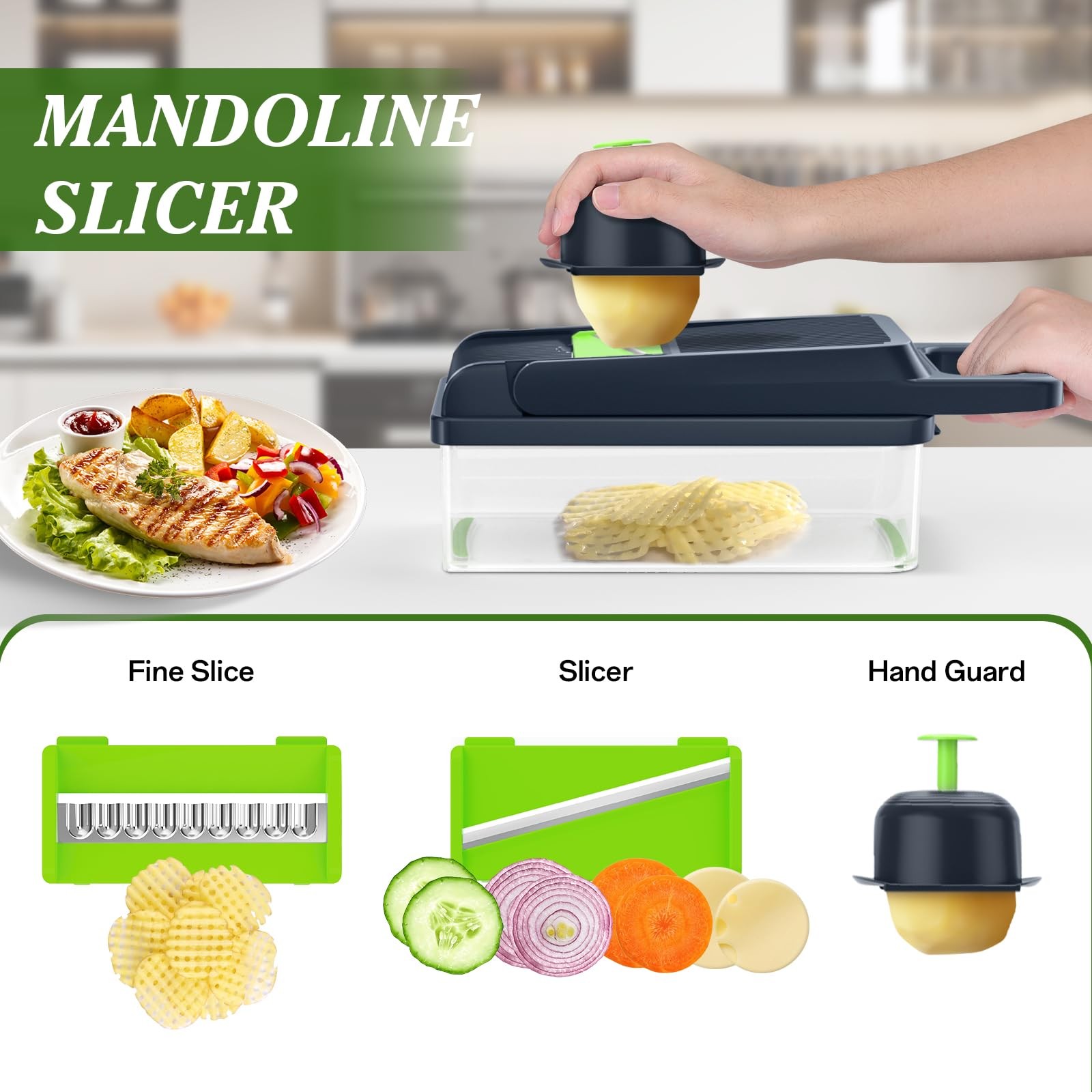 HomeHacks Vegetable Chopper Cutter, 12 in 1 Kitchen 7 blades, Green