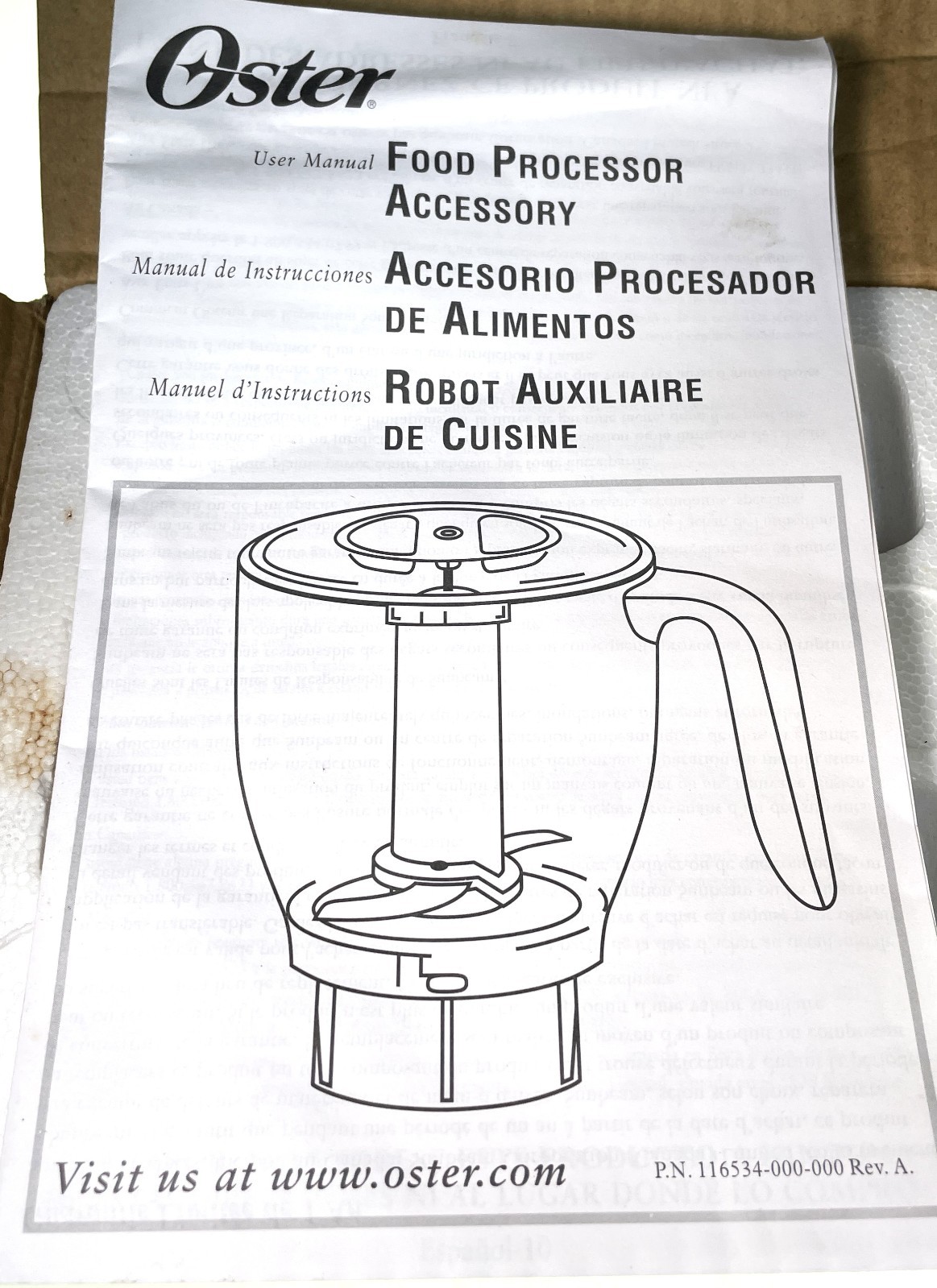 Oster Food Processor Bowl Replacement #116432 Manual Vtg 2005