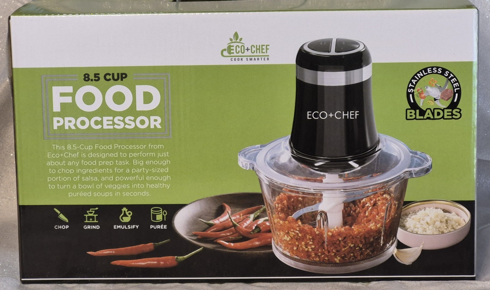 Eco+Chef 8.5 Cup Food Processor w Glass Mixing Work Bowl CHOP EC-85CFP-M NEW BX