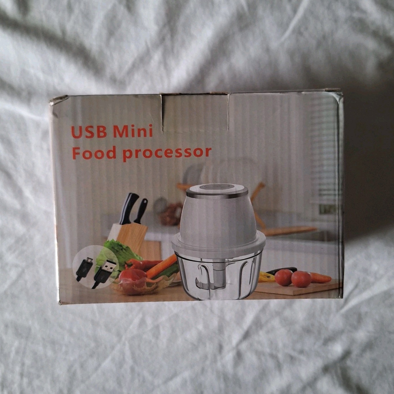 USB Mini Food Processor, 1 Cup White Plastic, 2-Blade 1-Speed, USB Cable