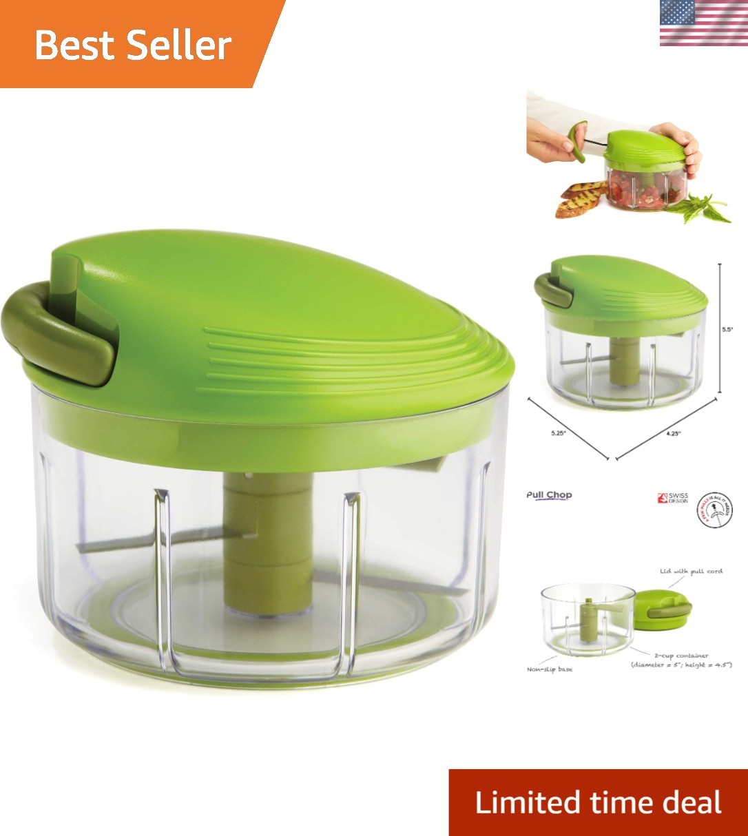 2-Cup Green Manual Chopper – Effortless Food Prep with Protective Blade Cover