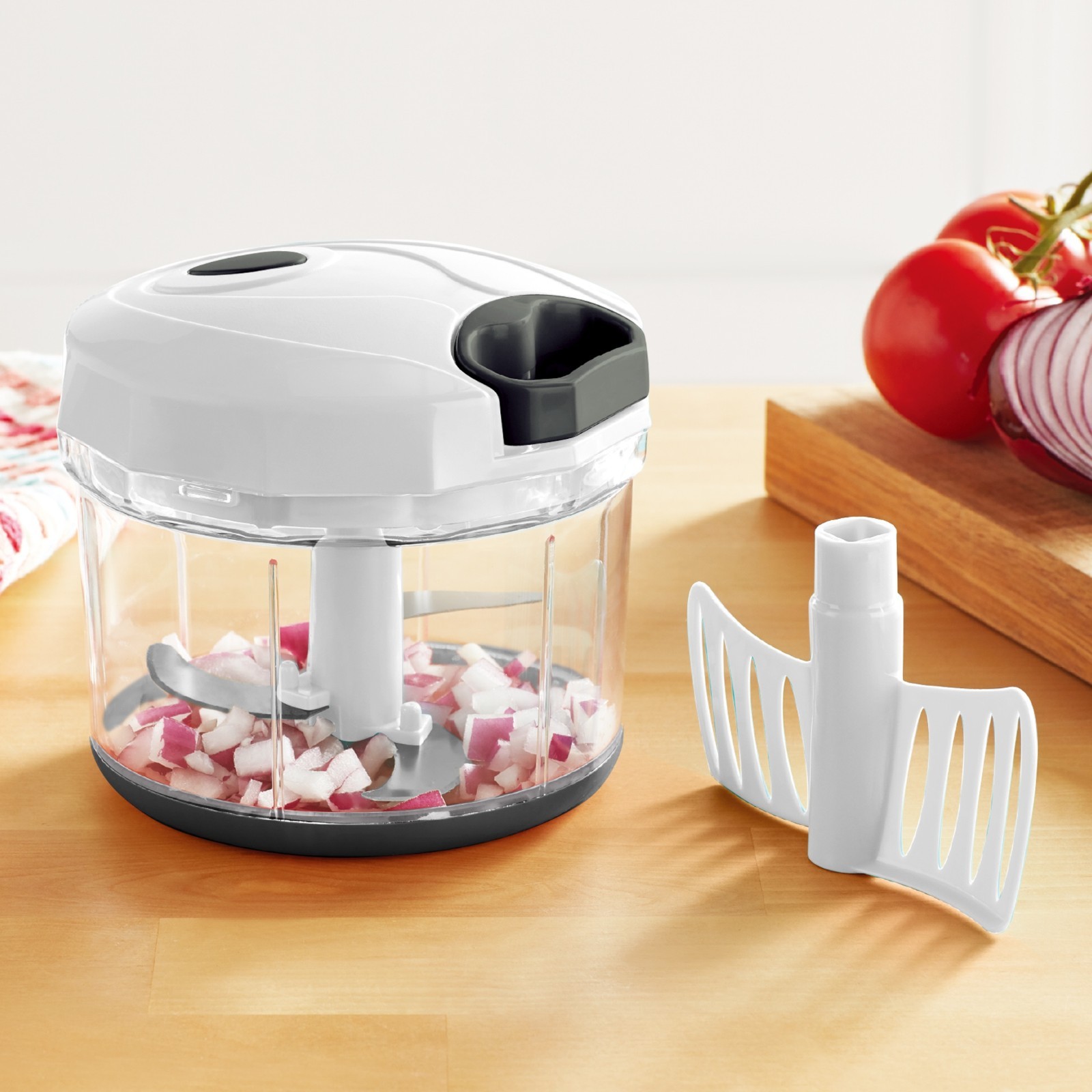 (4 pack) 1qt Quick Pull Chopper, BPA free , SS Blades, White & Grey, Weight 320g