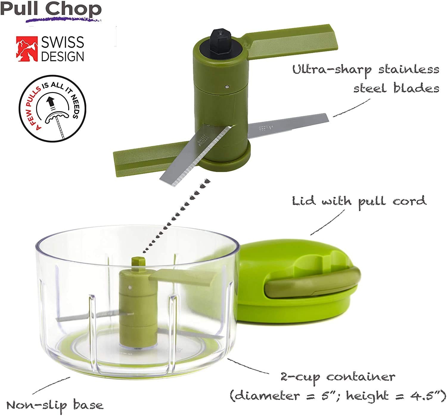 Kuhn Rikon Pull Chop Vegetable Chopper Stainless Steel Blades 650ml Non-Slip