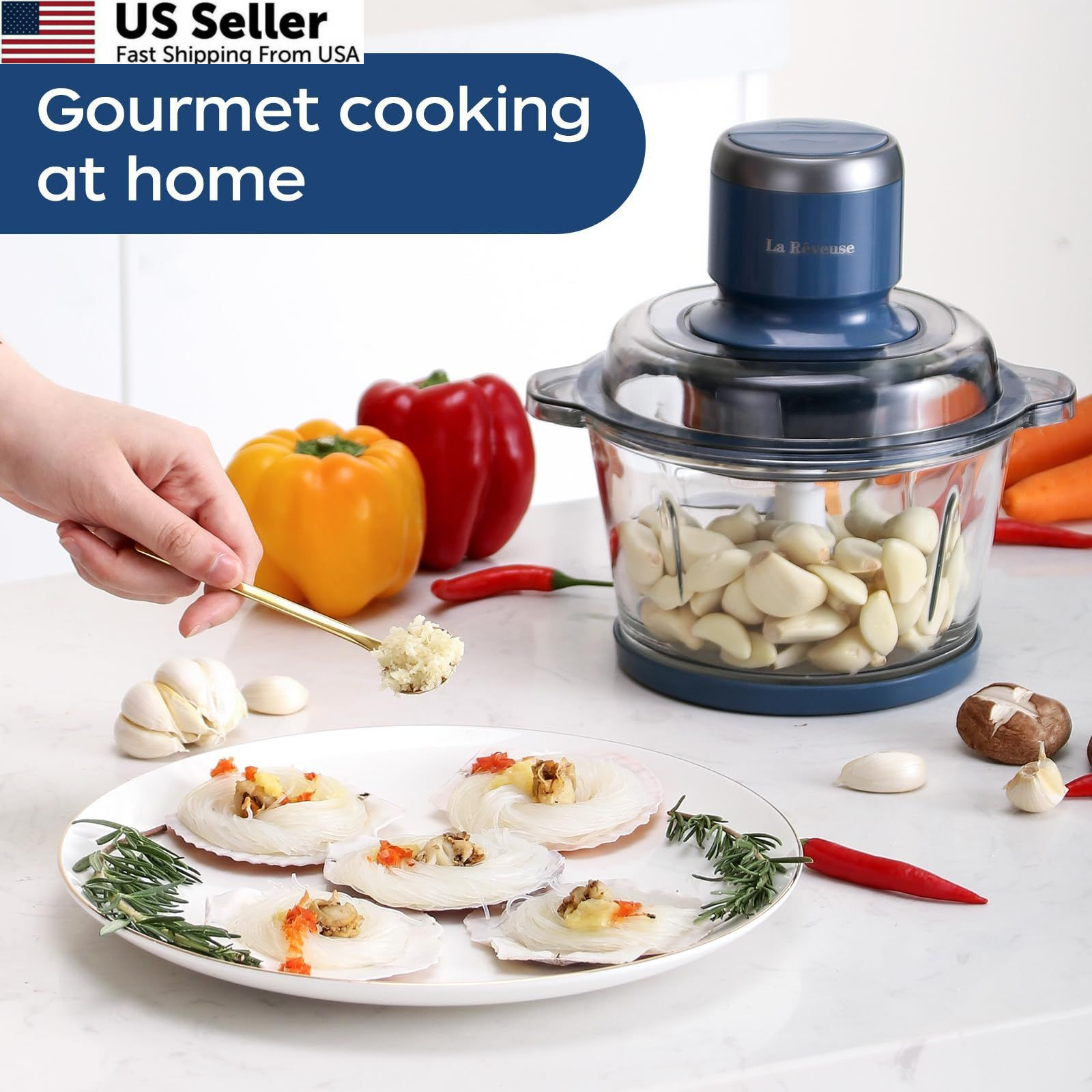 La Reveuse Food Processor,Electric Chopper with 7-Cup (1.7L) 7-Cup, Blue