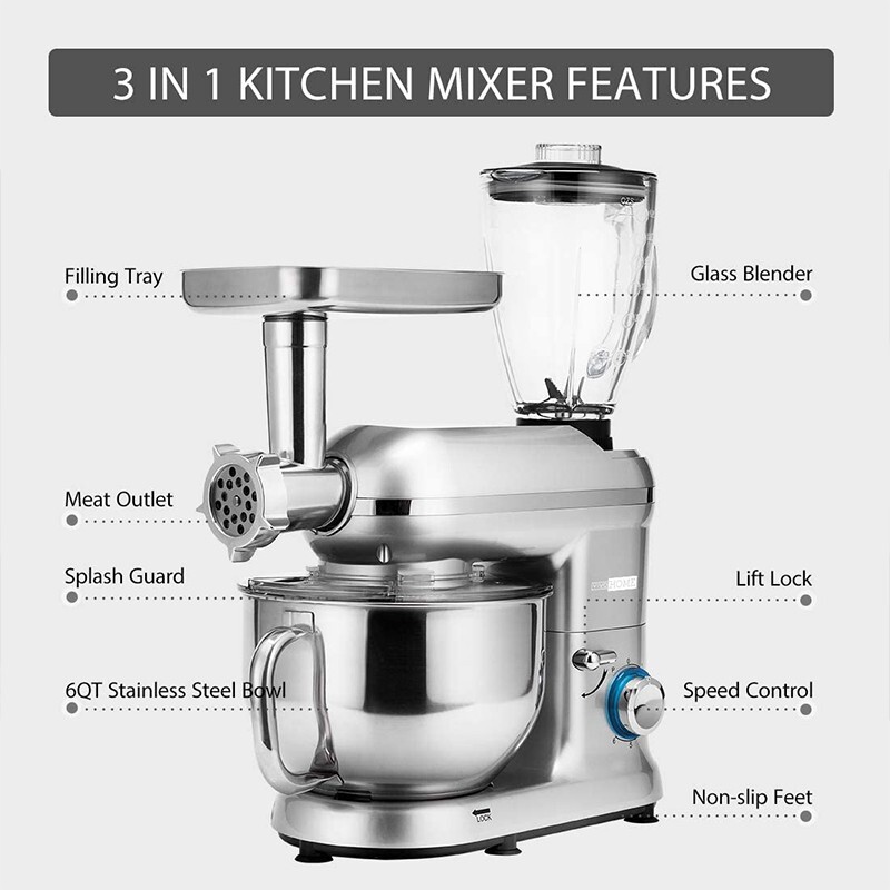 3In1 Food Stand Mixer Stainless Steel Bowl Meat Grinder Blender 6QT 6 Speed