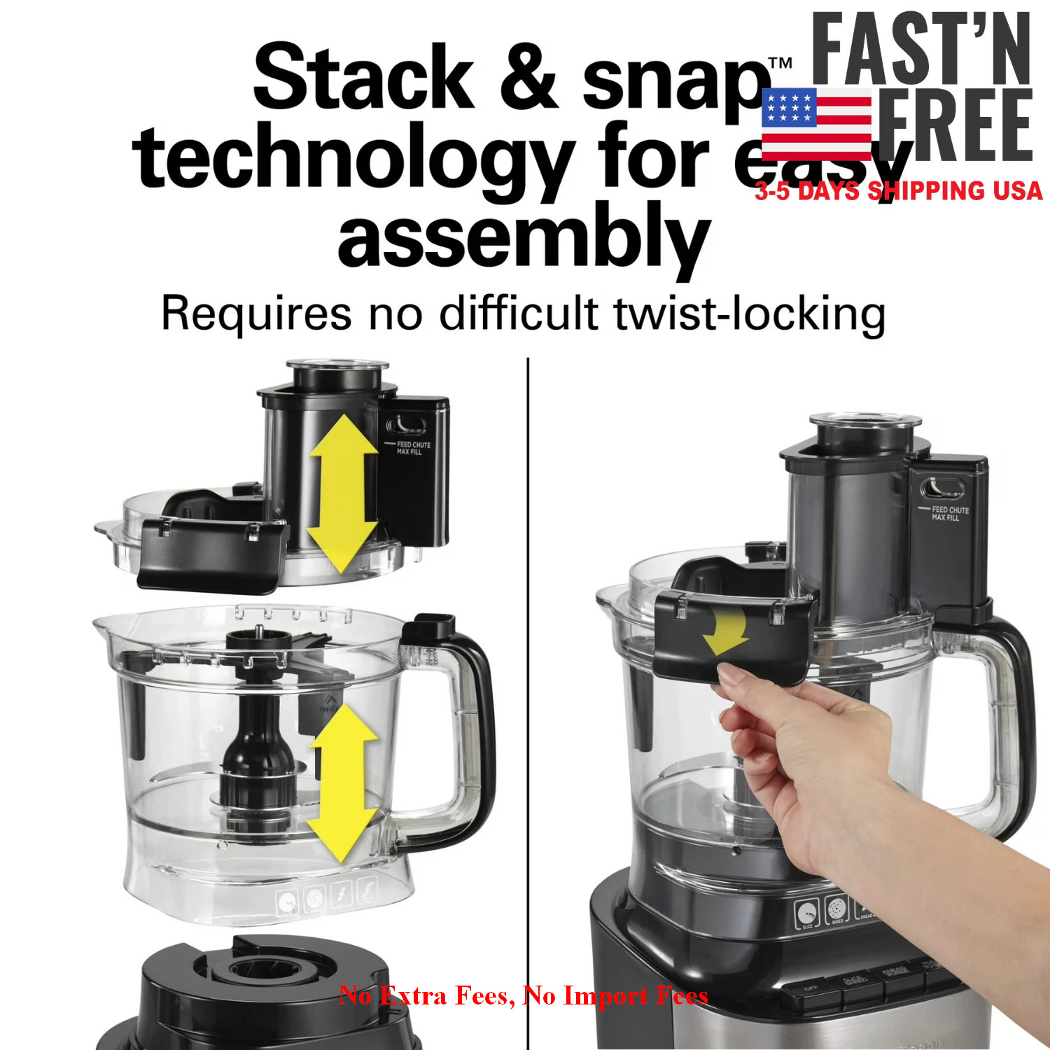 Hamilton Beach 10 Cup Food Processor Stack Snap Large Chute Bowl Scraper Black