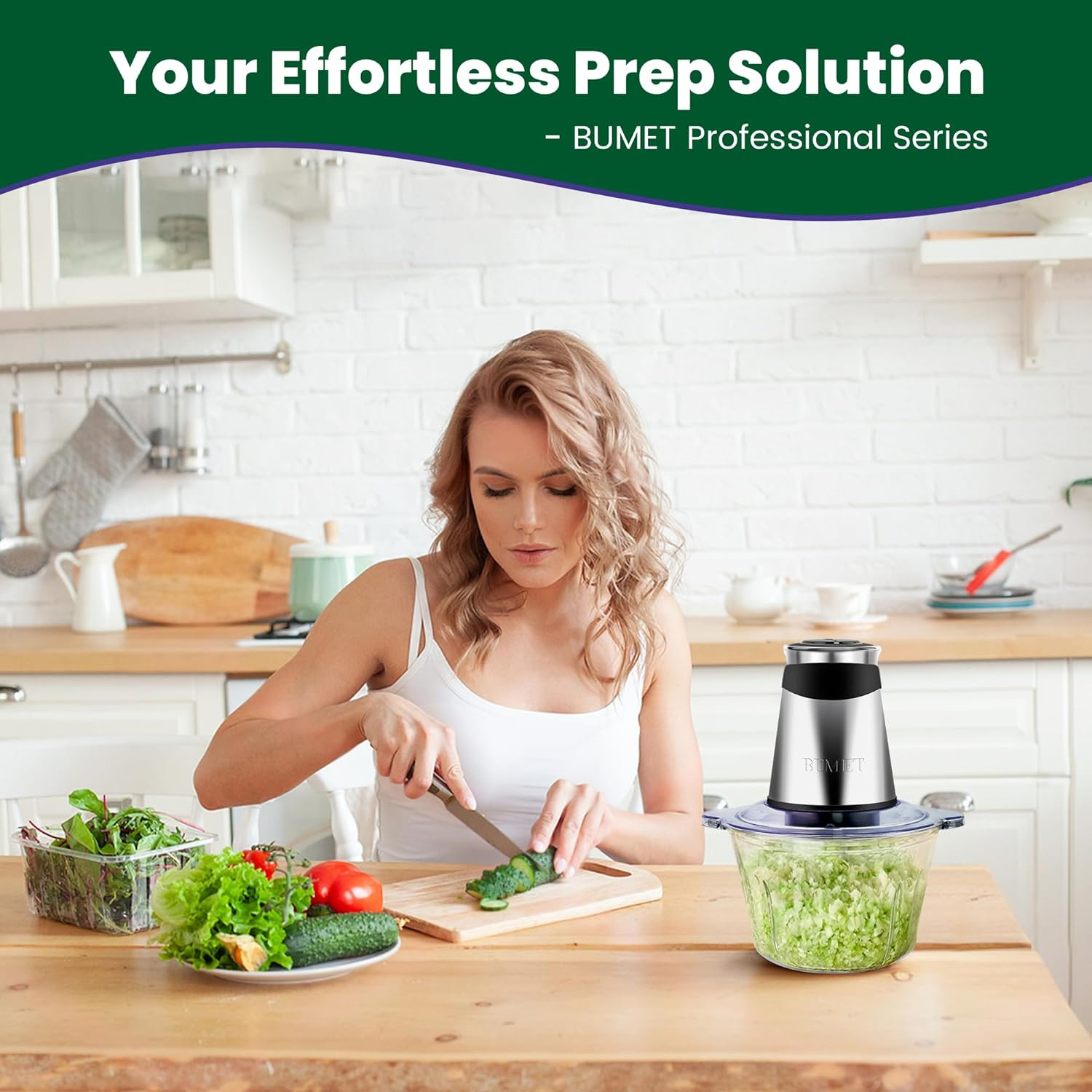 Electric Food Processor Vegetable Chopper 500W 2X8Cup Bowls 2 Bi-Layer 4 Blad…