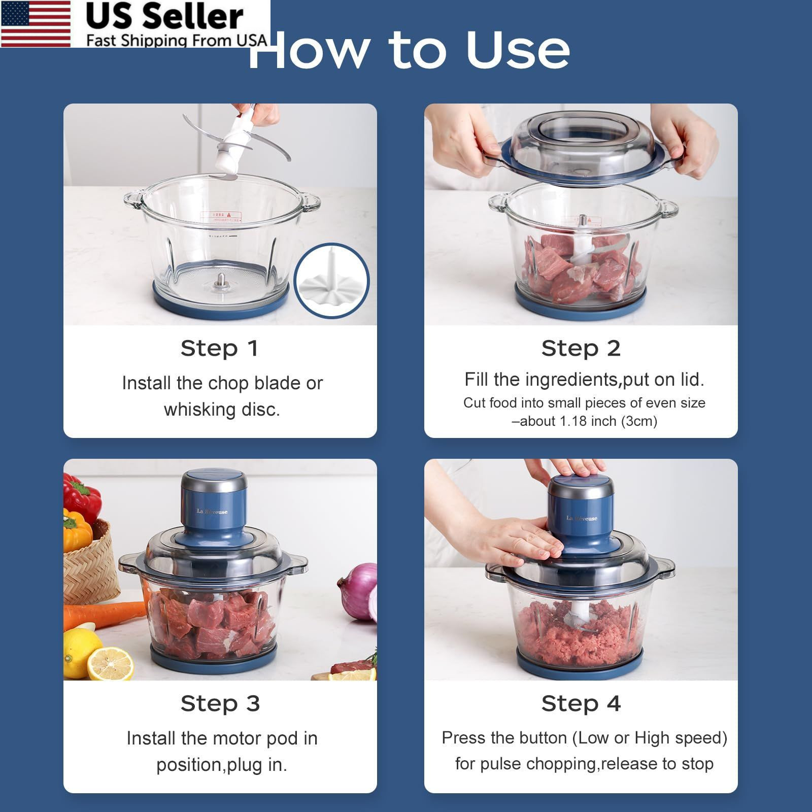 La Reveuse Food Processor,Electric Chopper with 7-Cup (1.7L) 7-Cup, Blue