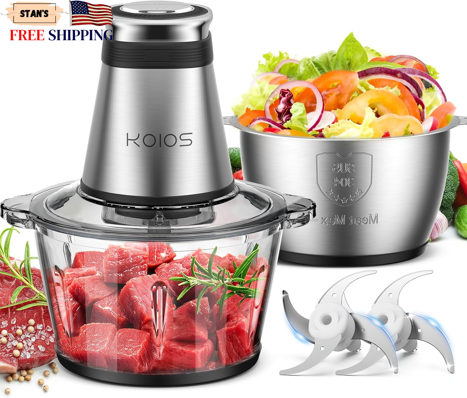 KOIOS Food Processor, 500W Electric Food Chopper with 2 Bowls 8 Cup+8 Cup NEW