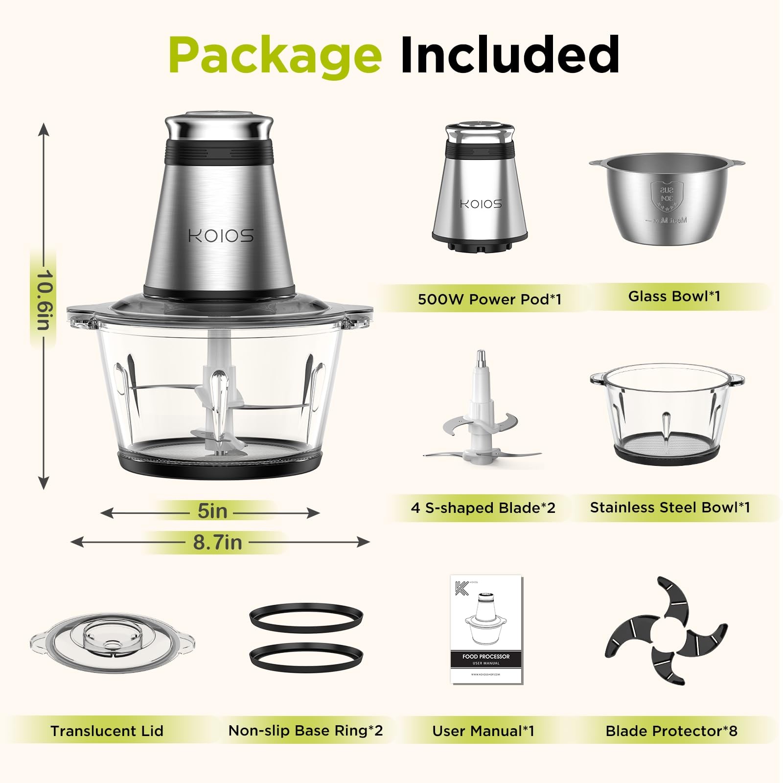 Food Processor, 500W Electric Food Chopper with 2 Bowls (8 Cup+8 Cup) & 2 Bi-…