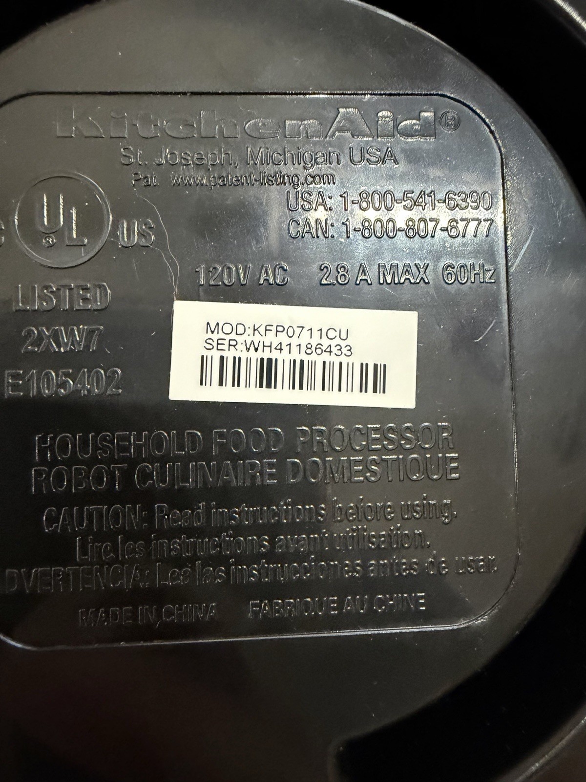 KitchenAid KFP0711CU0 Food Processor Motor Base Tested Works OEM Gray
