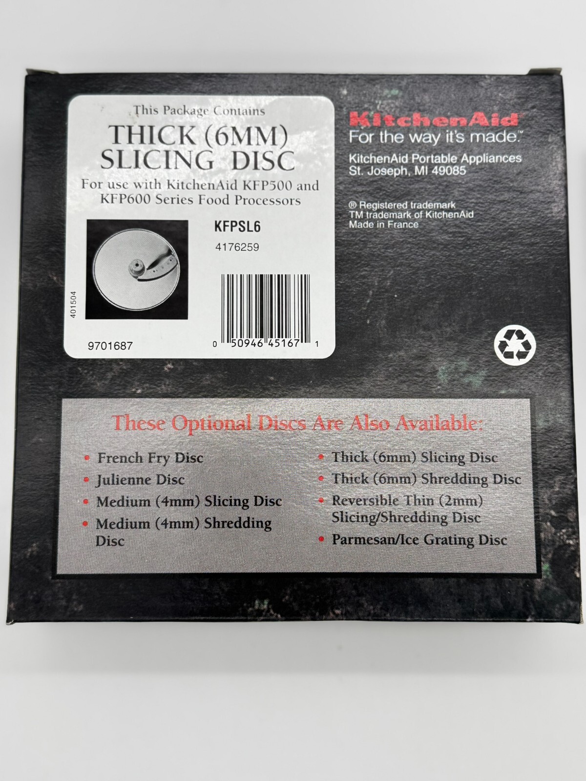 KITCHEN AID Food Processor THICK (6MM) SLICING DISC KFPSL6 Unused In Box