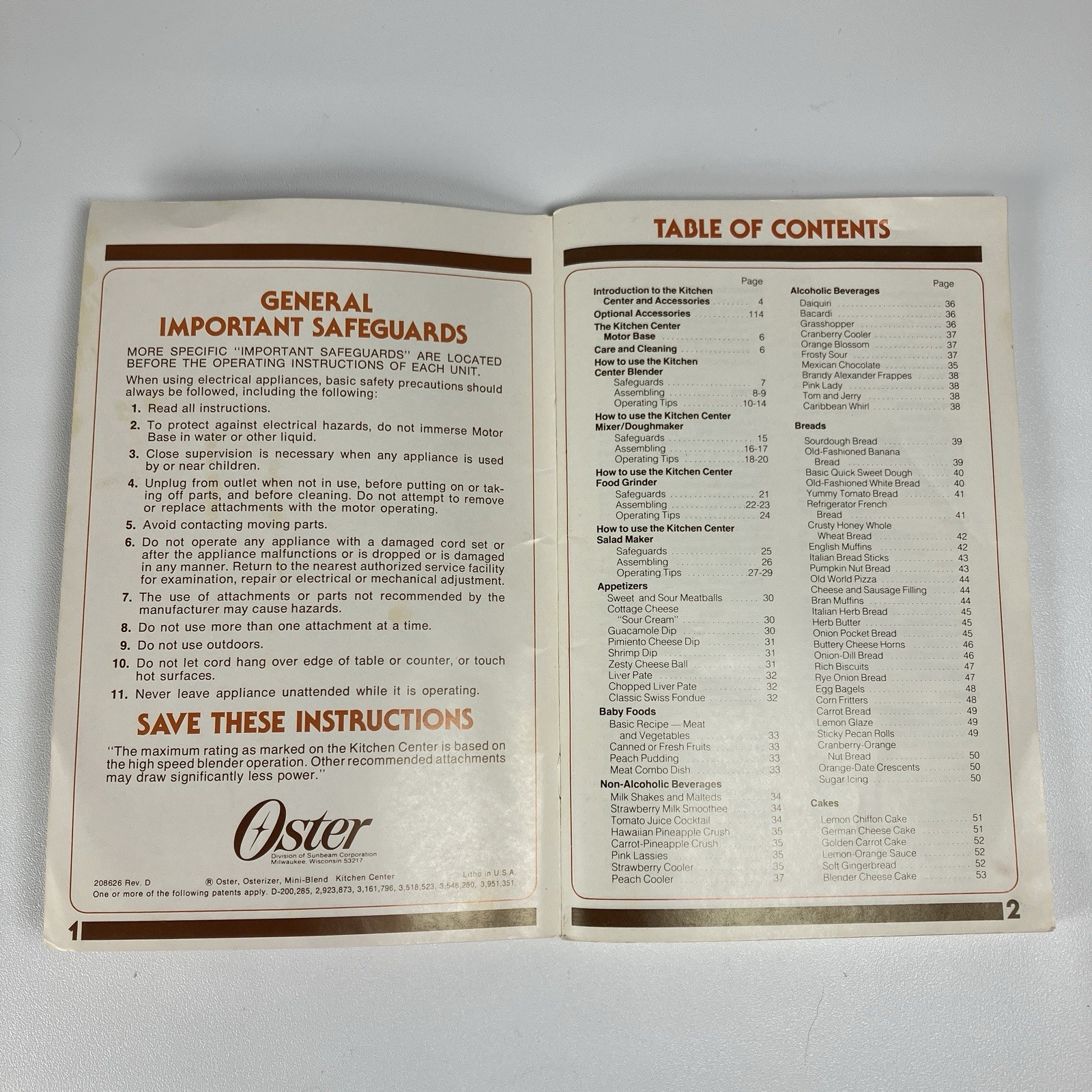 Vintage Oster Regency Kitchen Center Instruction Guide and Cookbook