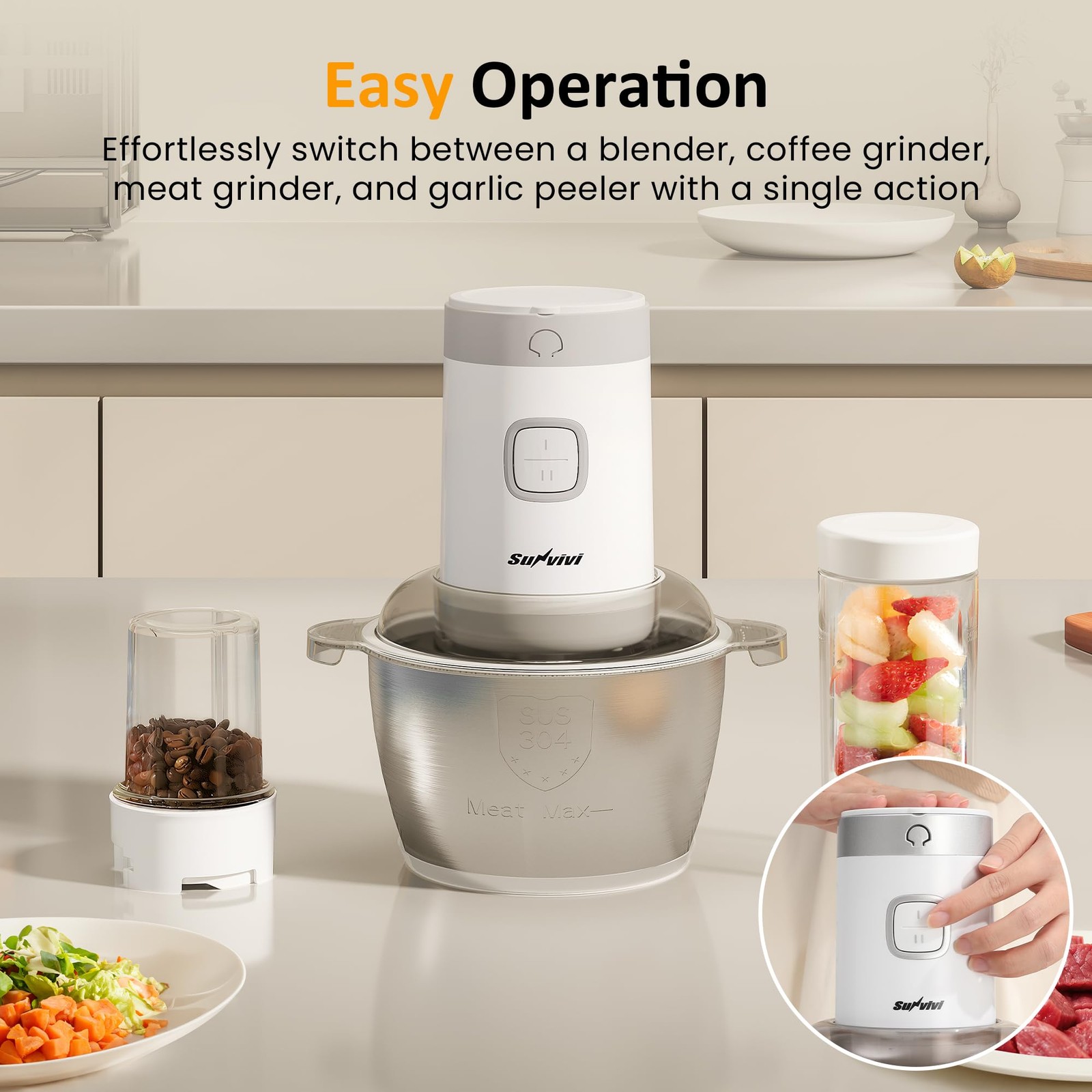 4-IN-1 Food Processor: 350W Electric Meat Grinder, 2 Bi-Layer 4 Blades, 1.8L …