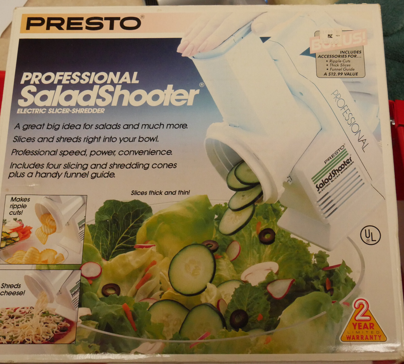 NIB PRESTO WHITE PROFESSIONAL ELECTRIC SALADSHOOTER SHREDDER 02970 / BONUS ITEMS