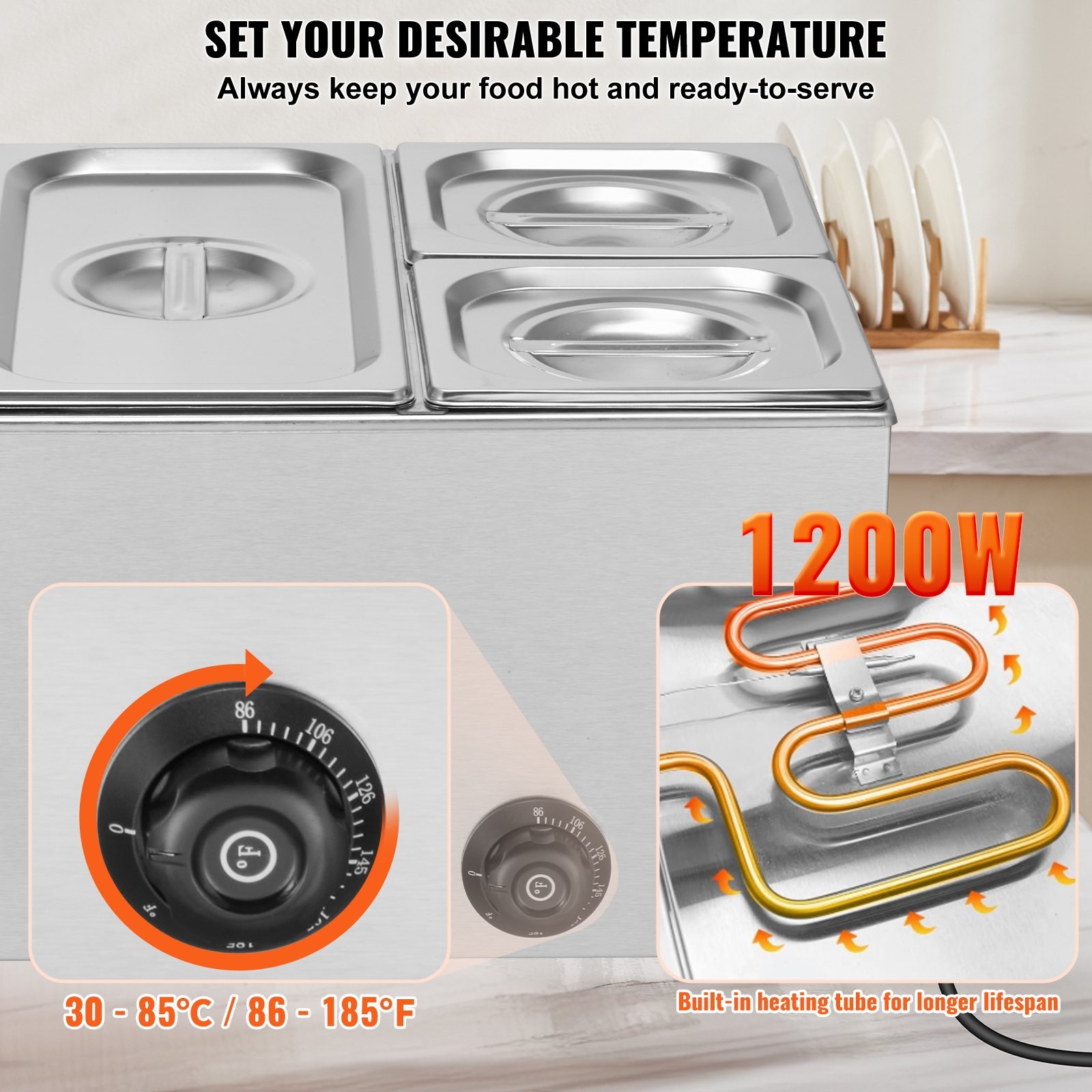 4-Pan Commercial Food Warmer, 16.4QT Electric Steam Table, 1200W Professional Co