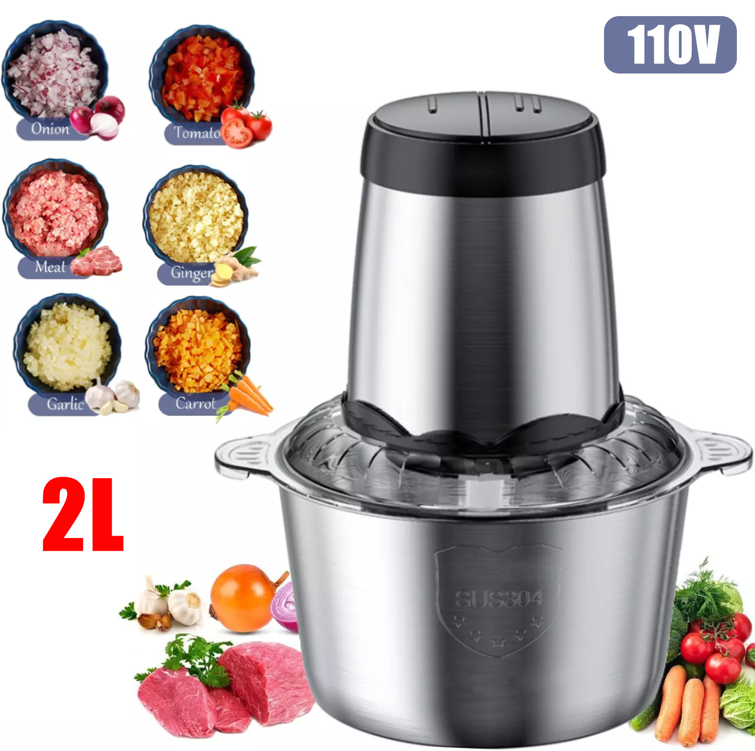 2L Electric Food Chopper Electric Stainless Steel Processor Meat Grinder Mixer