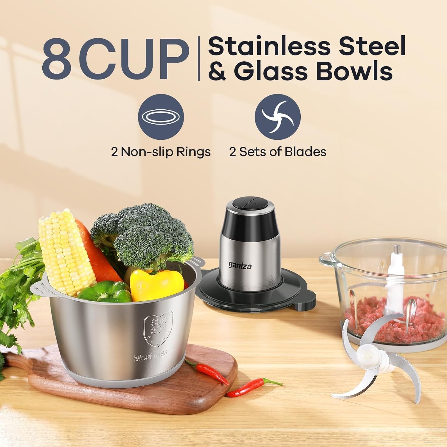 GANIZA Electric Food Chopper Processor 450W 8 Cup Dual Bowl Meat Veggie Grinder
