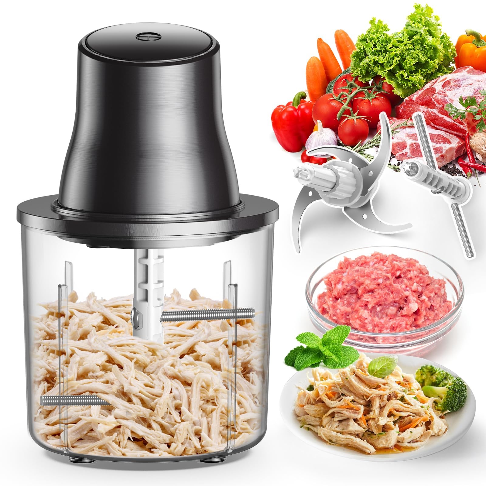 Food Processors, 2 IN 1 Electric Chicken Shredder &Food Chopper with 250W Cop…