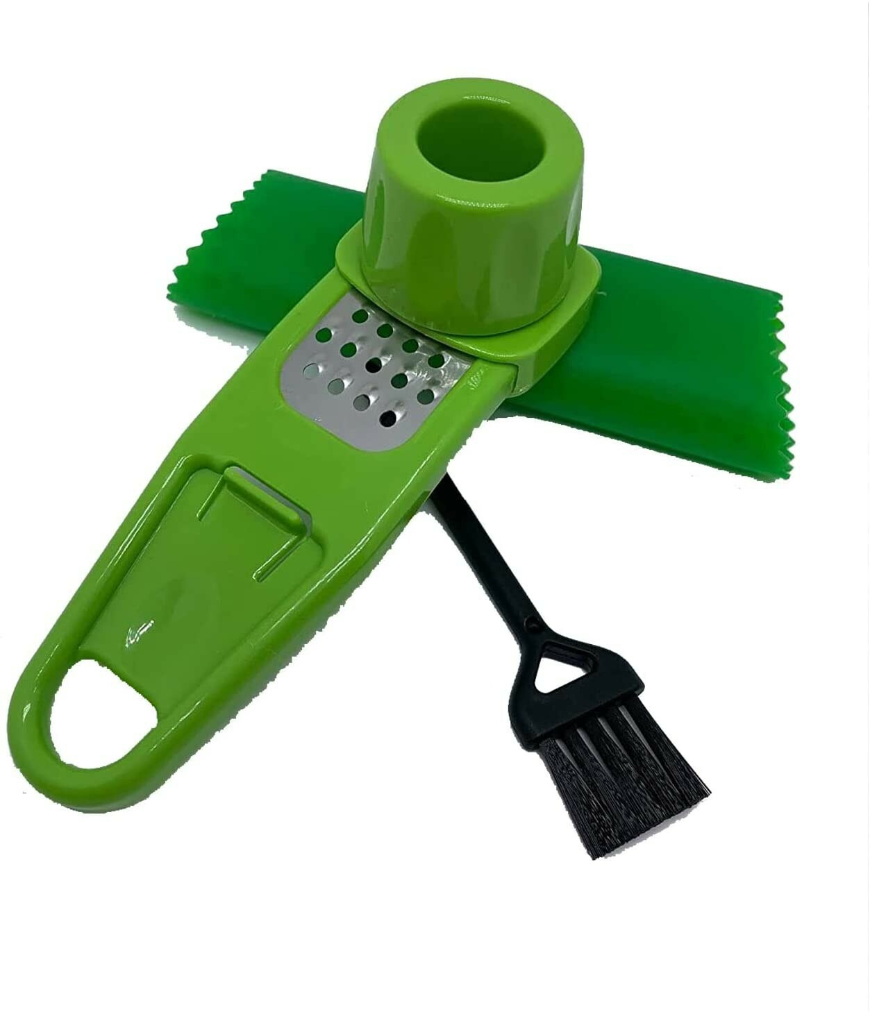 Multipurpose Stainless Steel Garlic Press Mincer with Peeler and Cleaning Brush