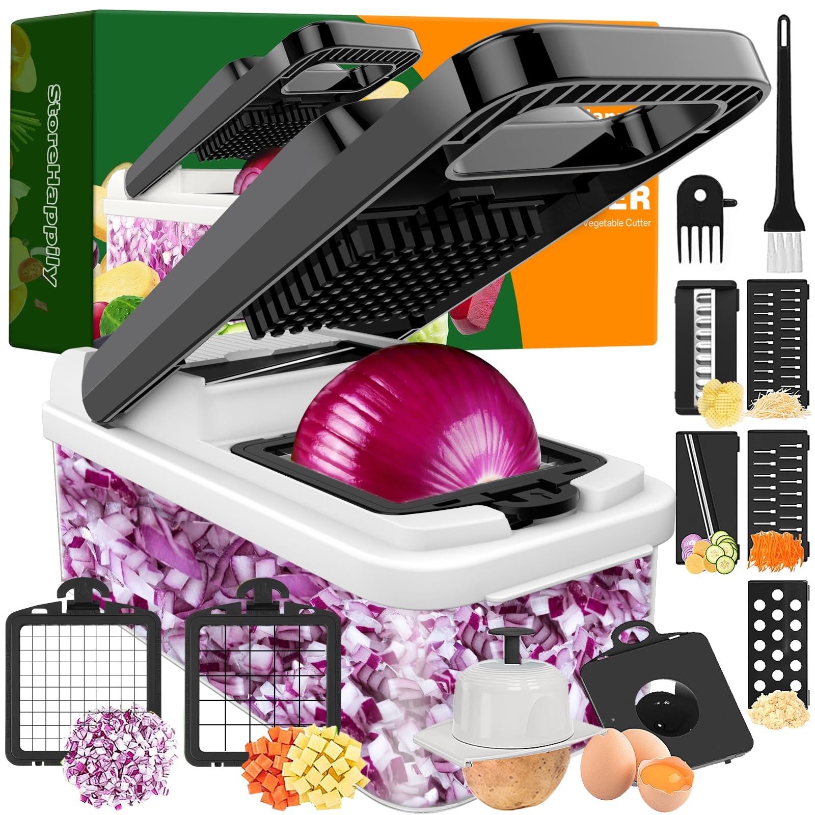 StoreHappily 12-in-1 Vegetable Chopper, 7 Blades Veggie Chopper Large, Black
