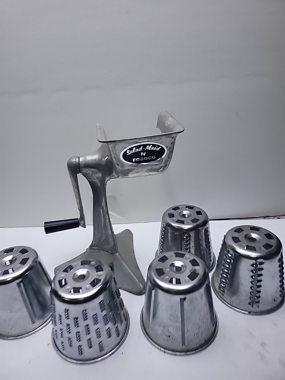 Salad-Maid Food Processor by Foodco 5 Grinding or Slicing Attachments Vintage