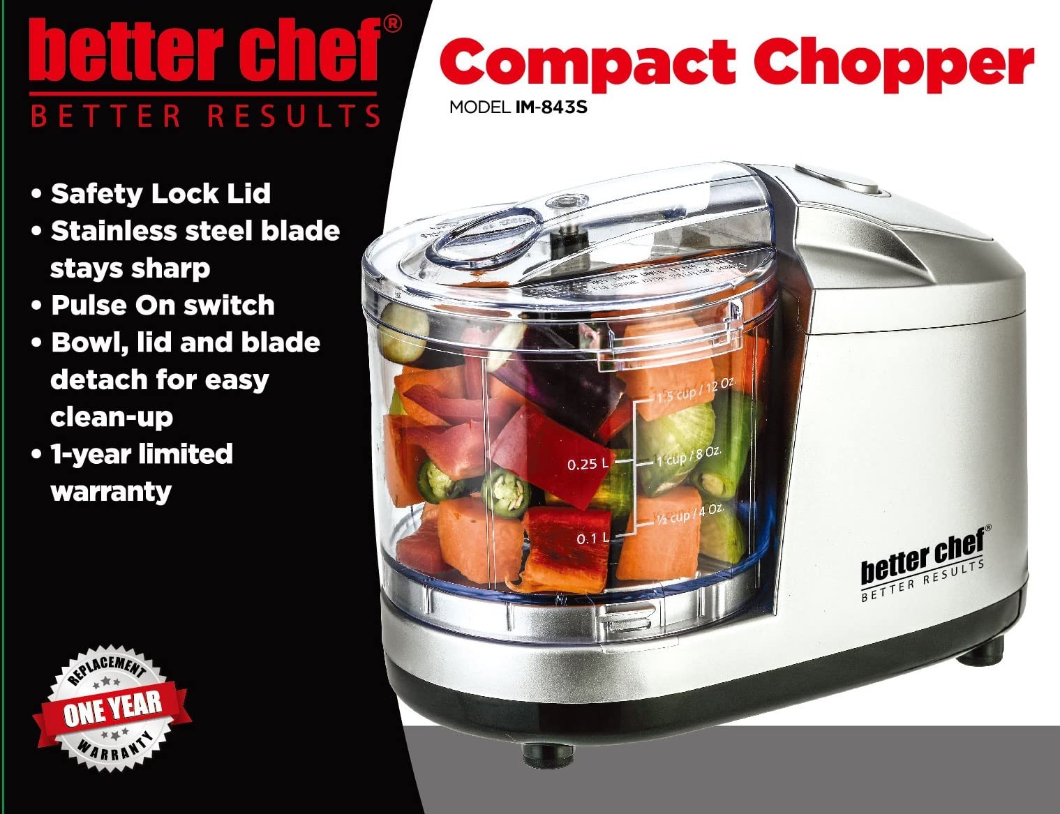 Better Chef 1.5-Cup Mini Food Processor Stainless-Steel Blade Pulse Switch