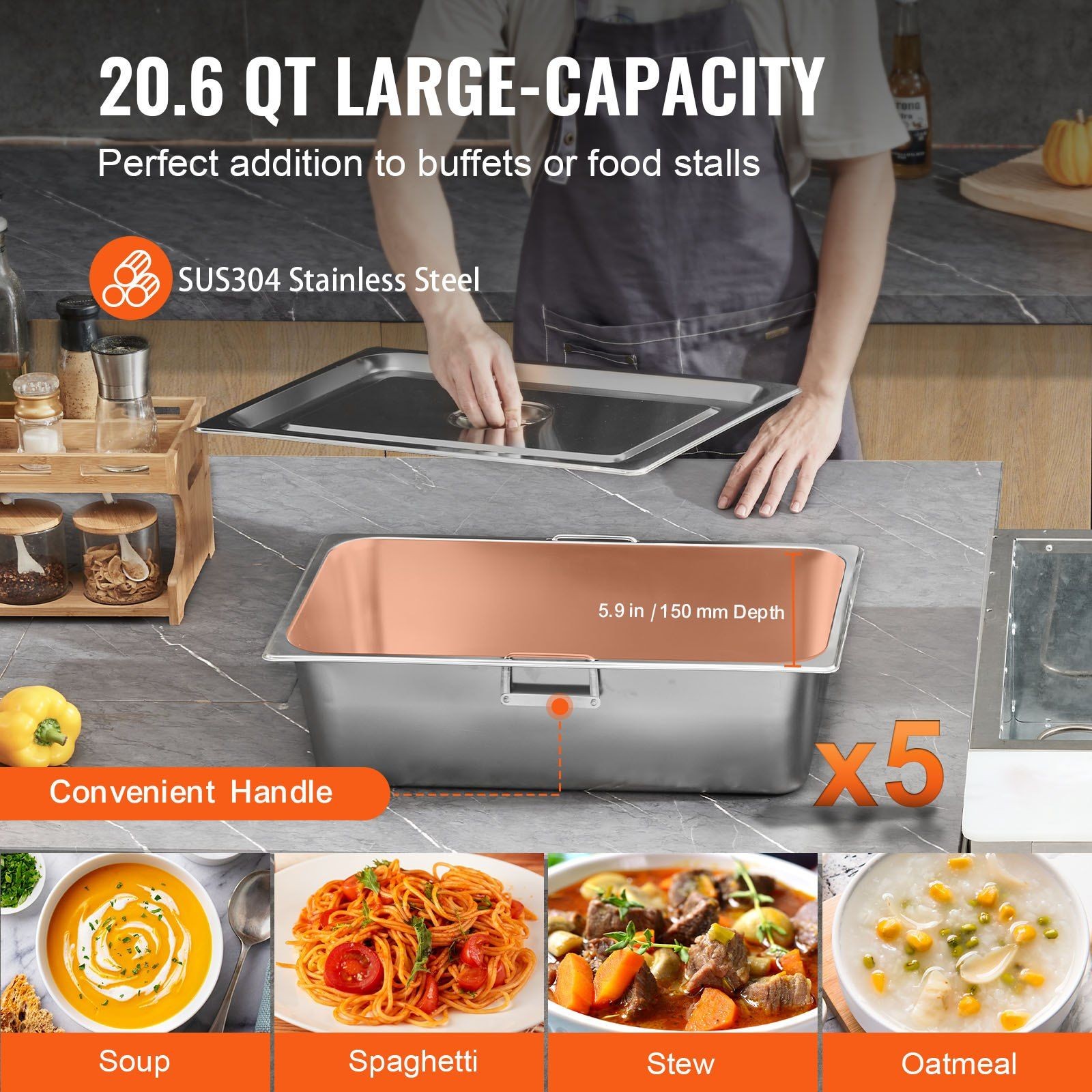 5-Pan Food Warmer: 3750W, 5×20.6QT Stainless, 4 Wheels (2 Lock)