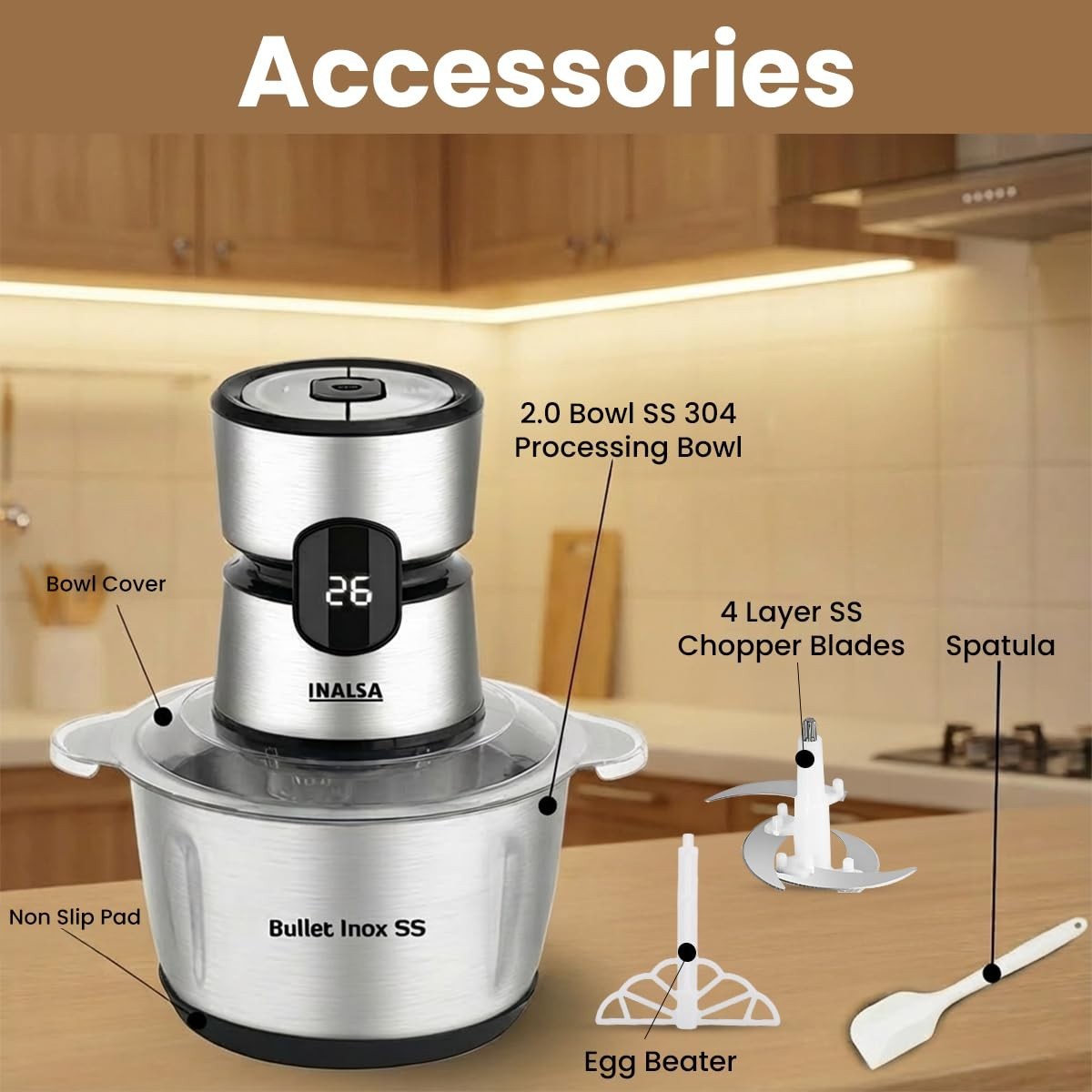 INALSA Electric Chopper Digital Display 500W 2L Processing Bowl Spatula Chopping