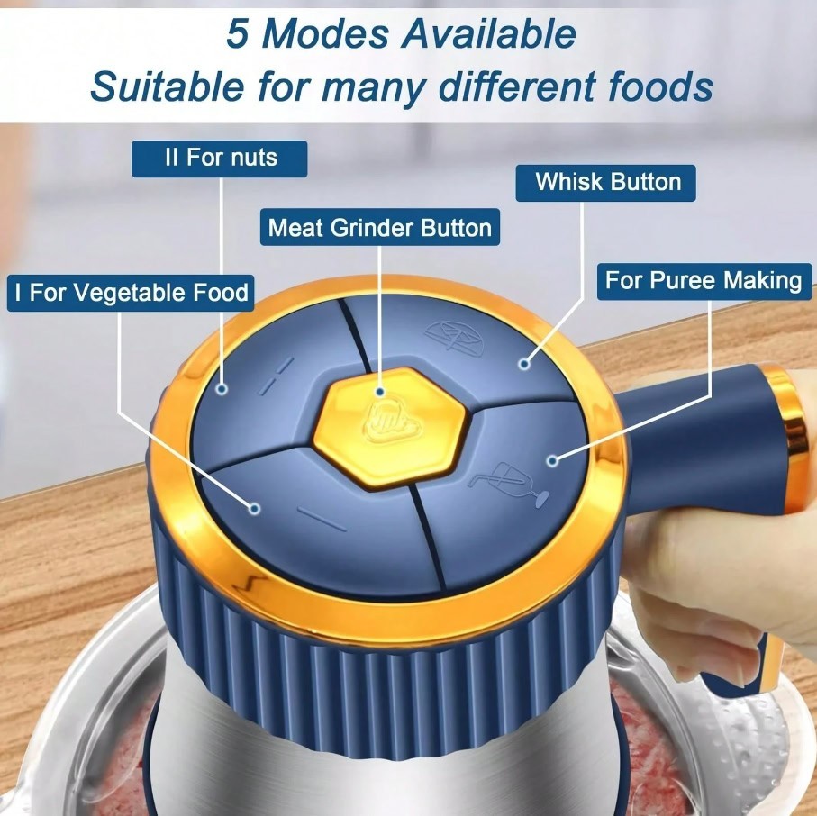 5L Electric Food Processor 500W 5 Speed Stainless Steel Meat Grinder Chopper