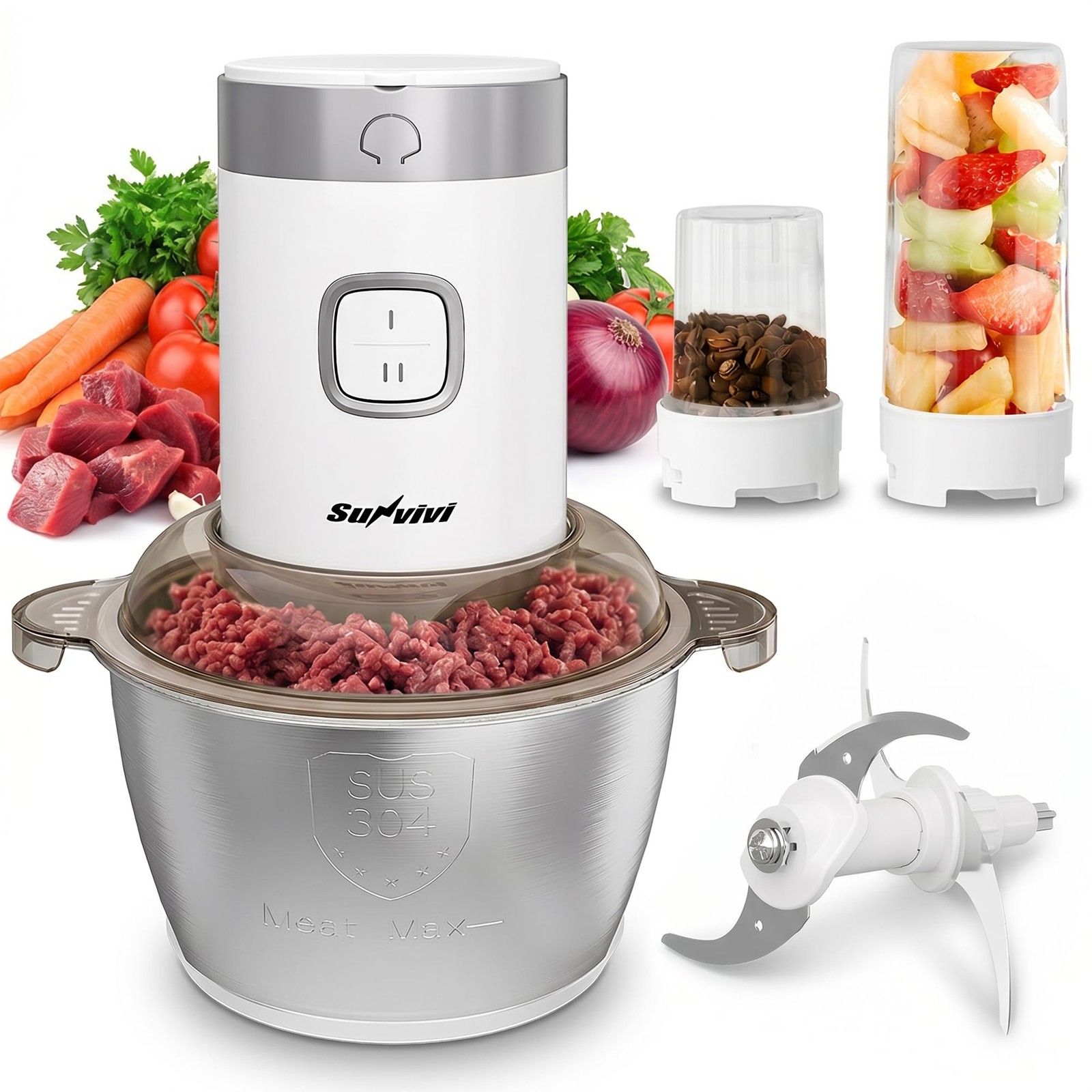 4-IN-1 Food Processor: 350W Electric Meat Grinder, 2 Bi-Layer 4 Blades, 1.8L …