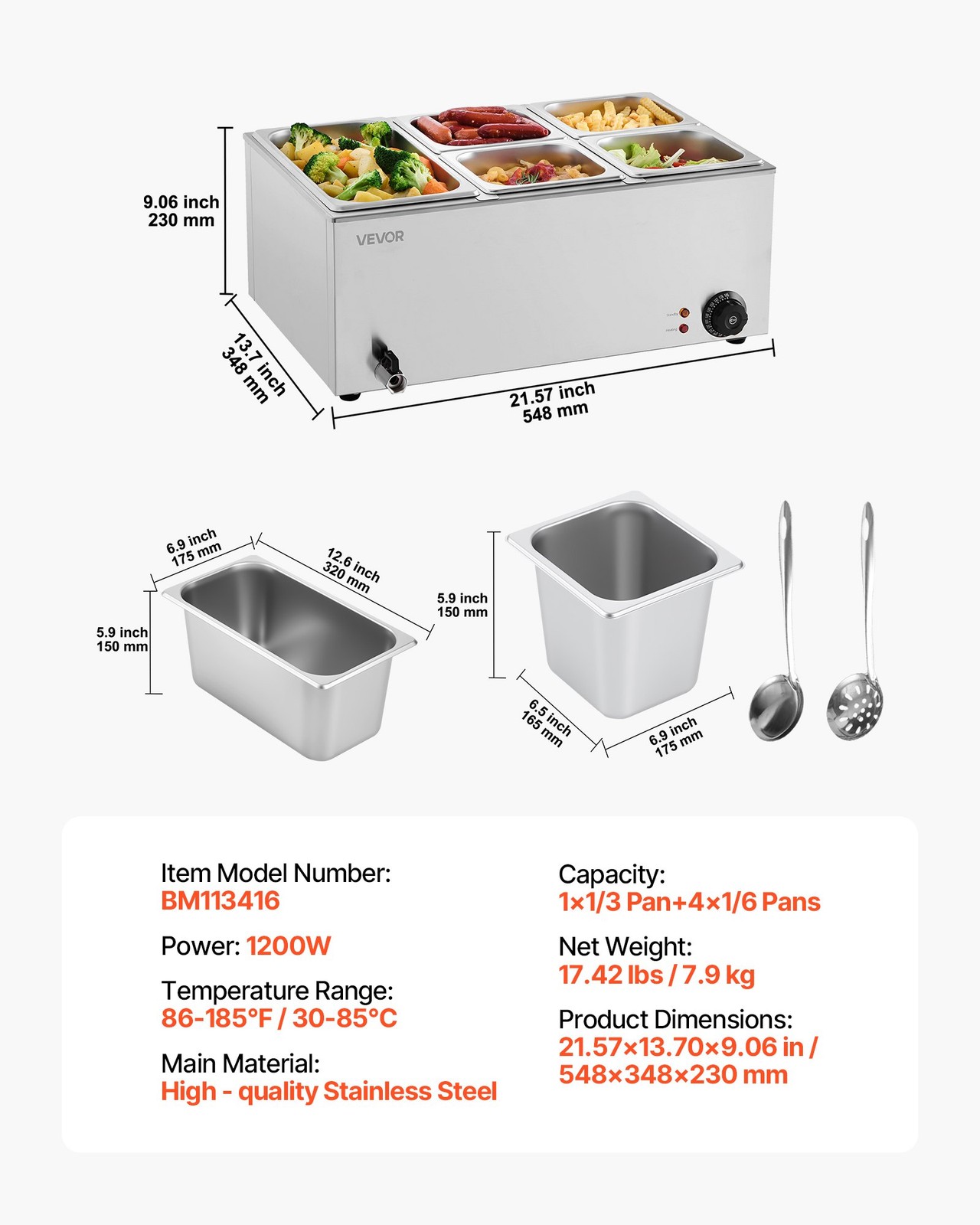 24QT Commercial Food Warmer, 5-Pan Electric Steam Table, 1200W Professional Coun