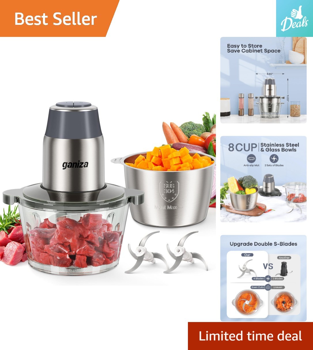 450W Electric Food Processor with Meat Grinder & Safety Lock – 2 Bowls Included