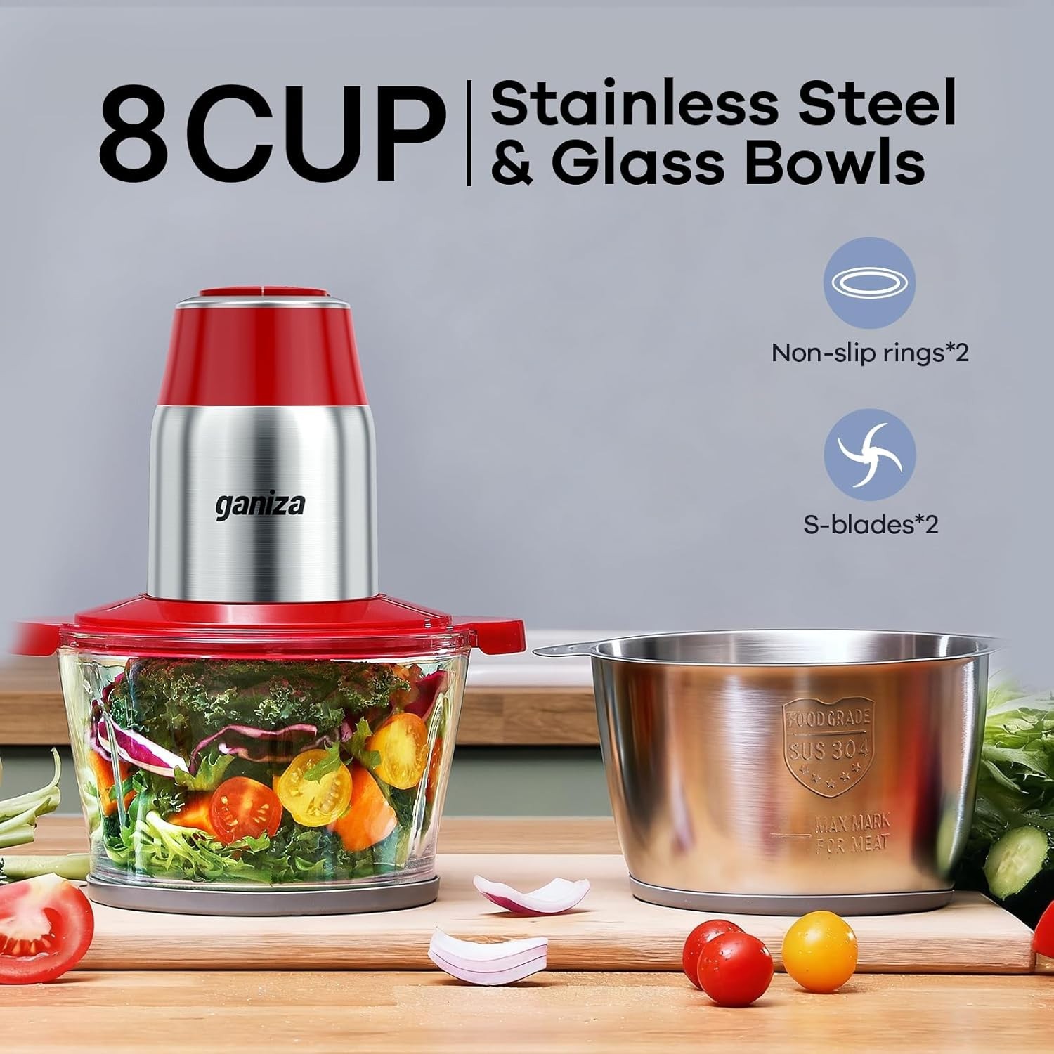 Luxury Electric Food Processor & Meat Grinder with 2 Bowls – 450W Power in Red