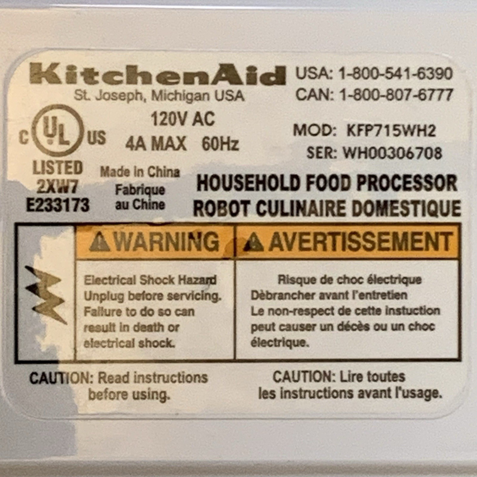 KitchenAid Food Processor White KFP715WH2 Motor Base Only Excellent Condition