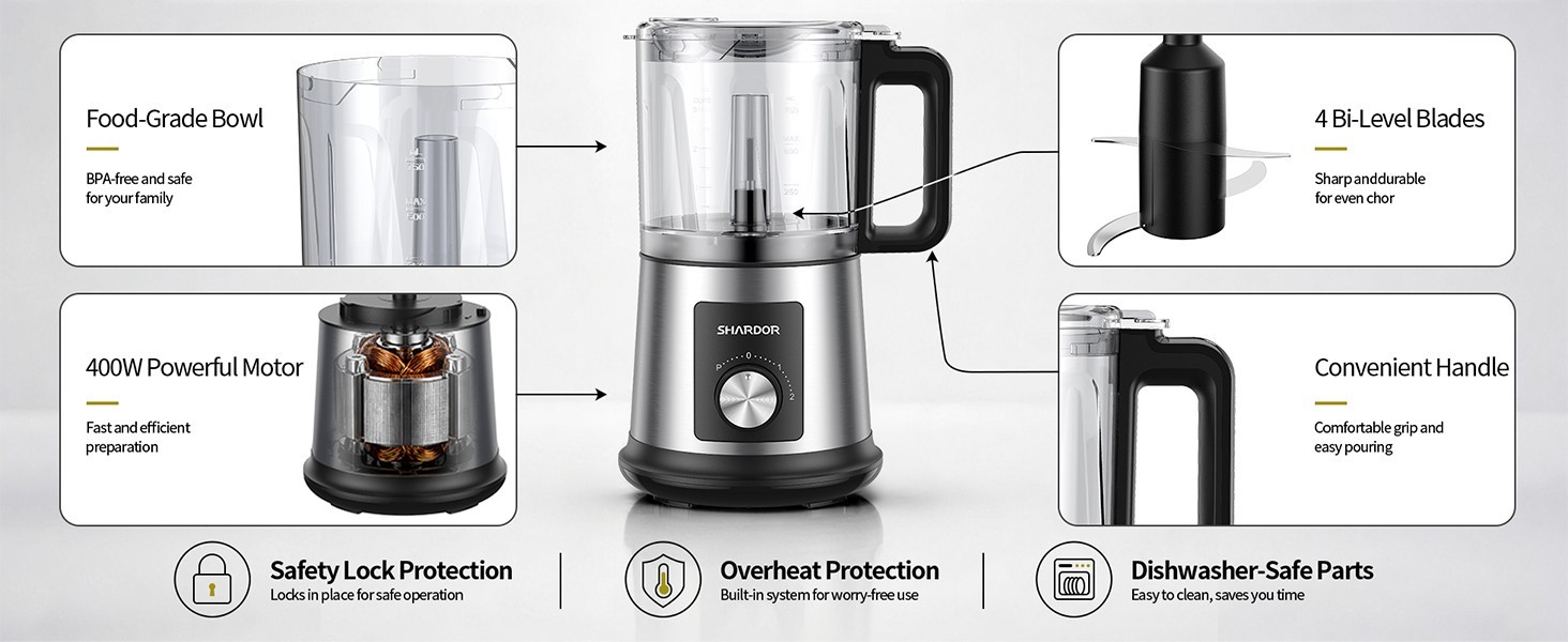 SHARDOR 4 Cup Electric Food Processor Chopper 400W 3 Speed 4 Blade Whisk