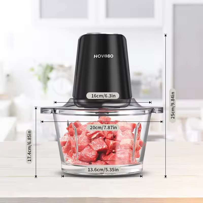 120V US Food Processor 350W Meat Grinder 2L Glass Bowl 3-Speed 2 Bi-Level Blades