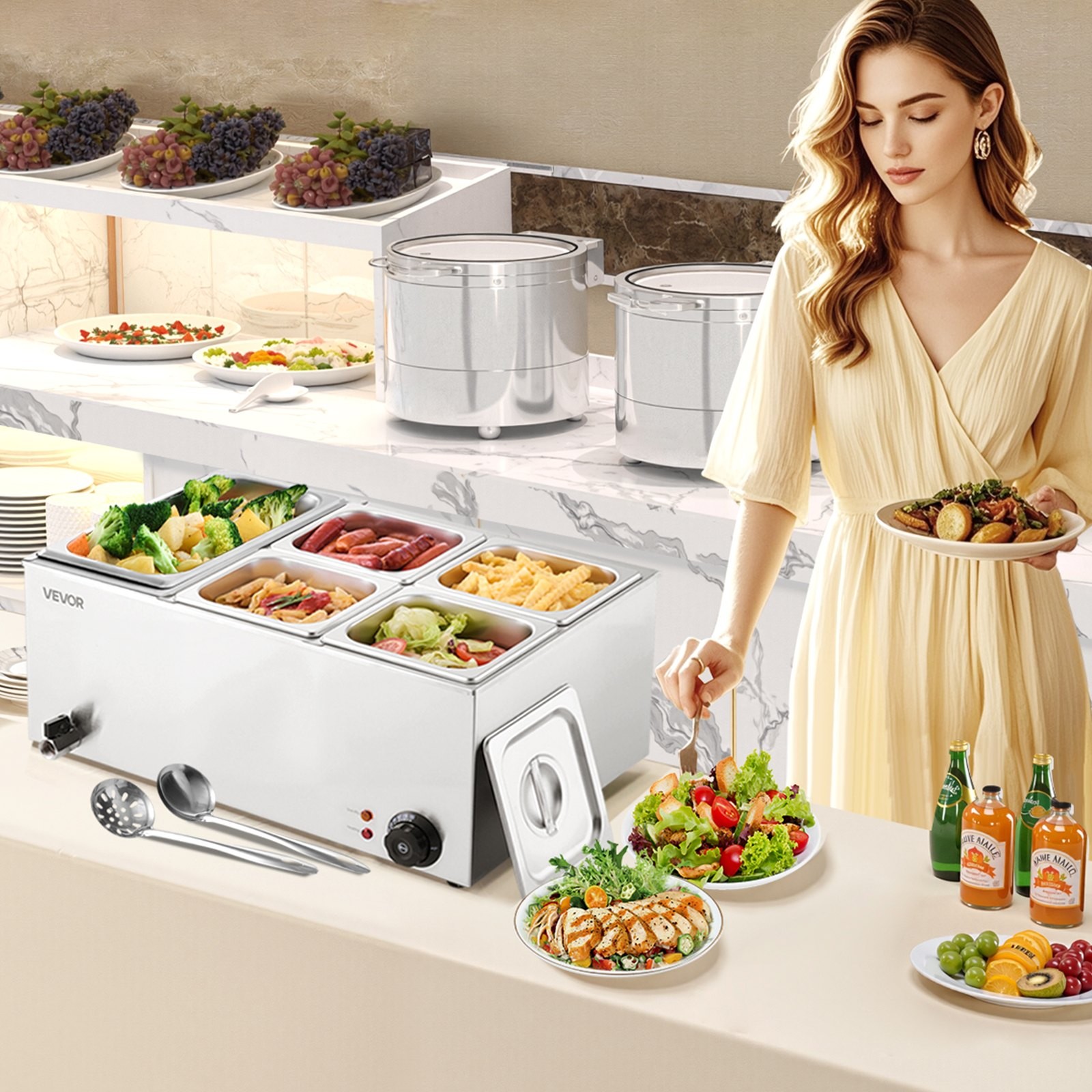 24QT Commercial Food Warmer, 5-Pan Electric Steam Table, 1200W Professional Coun