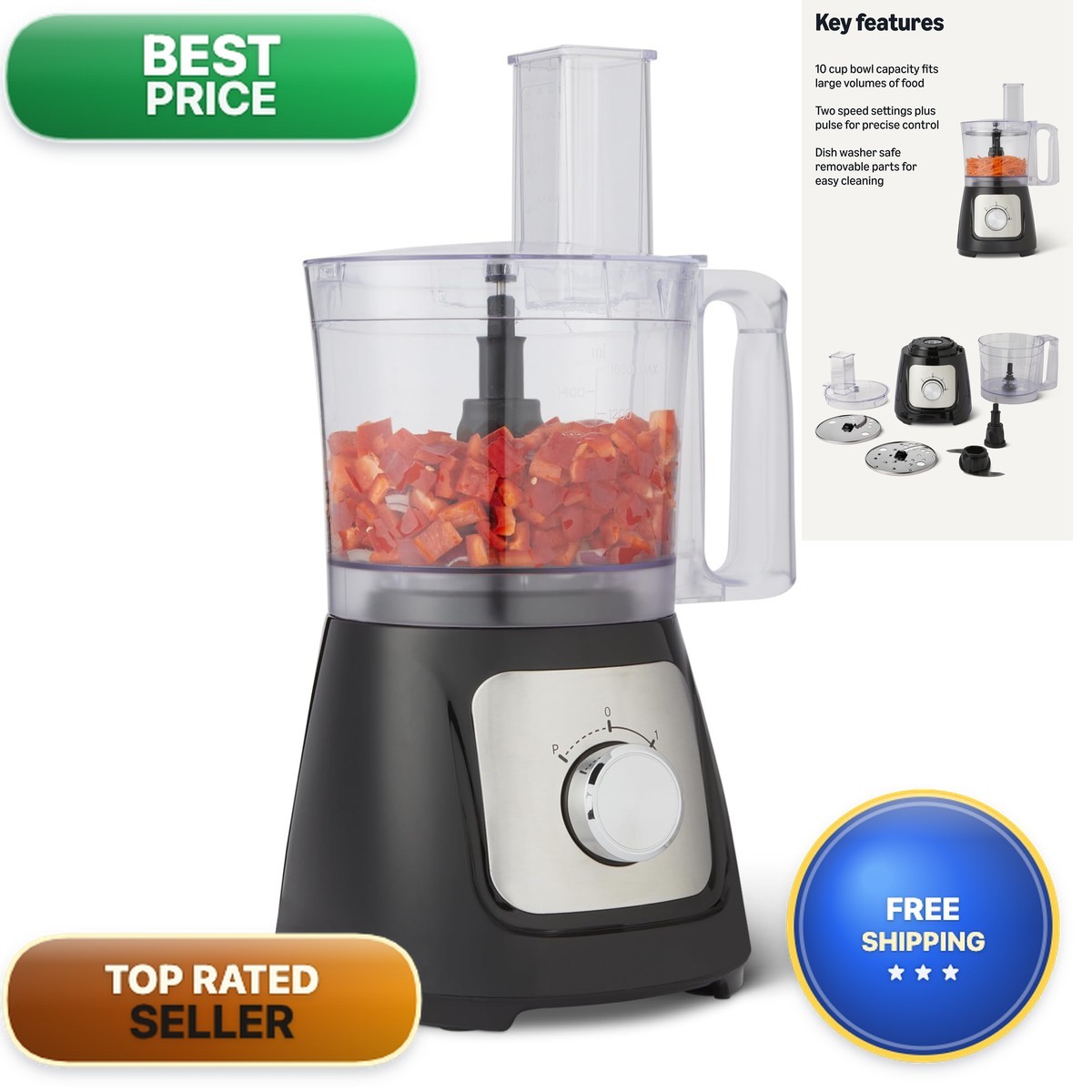 Retailer Basics Food Processor And Vegetable Chopper 10 Cup Bowl 2-Speed 500 Wat