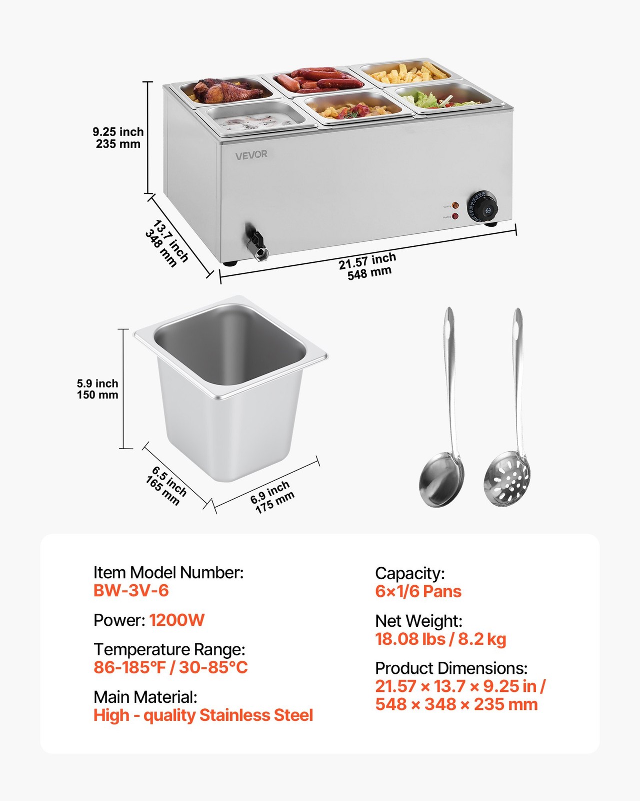 24QT Commercial Food Warmer, 6-Pan Electric Steam Table, 1200W Professional Coun
