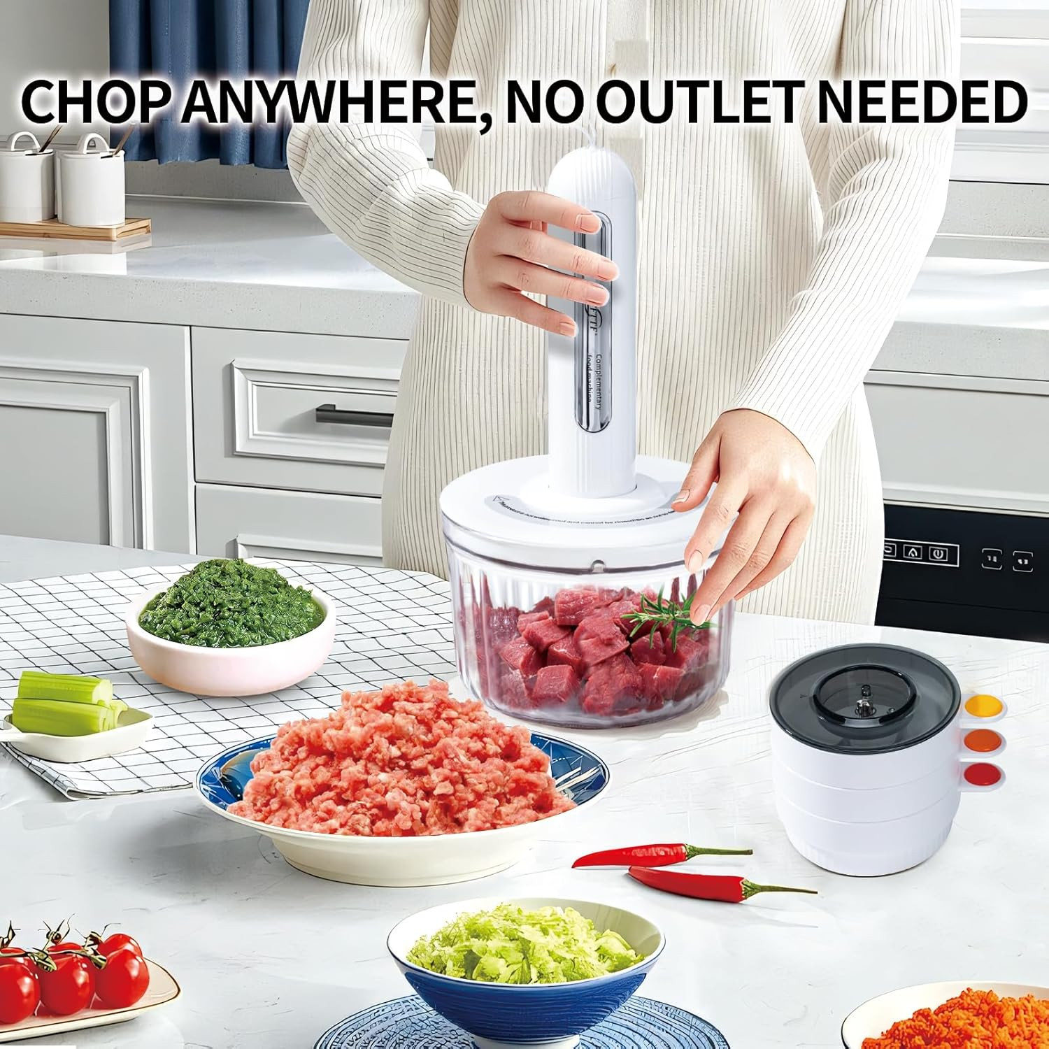 Food Processor Cordless with 6 Blades & 4 Bowls (8 Cup + 3X0.5 Cup), Portable El