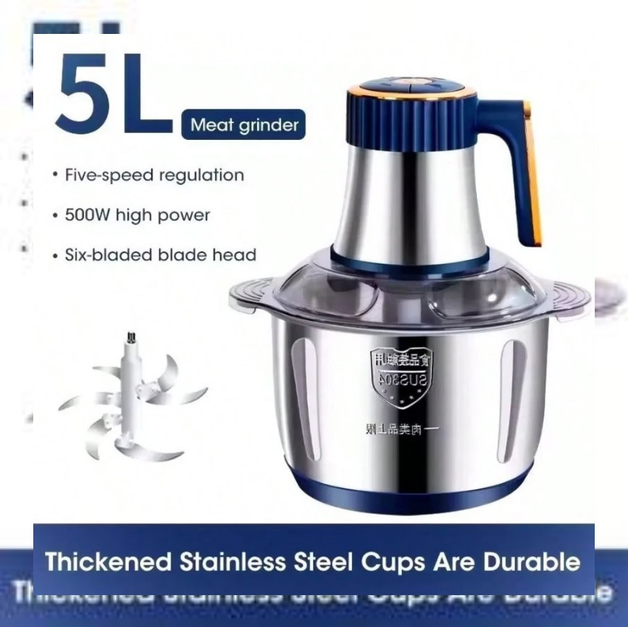 5L Electric Food Processor 500W 5 Speed Stainless Steel Meat Grinder Chopper