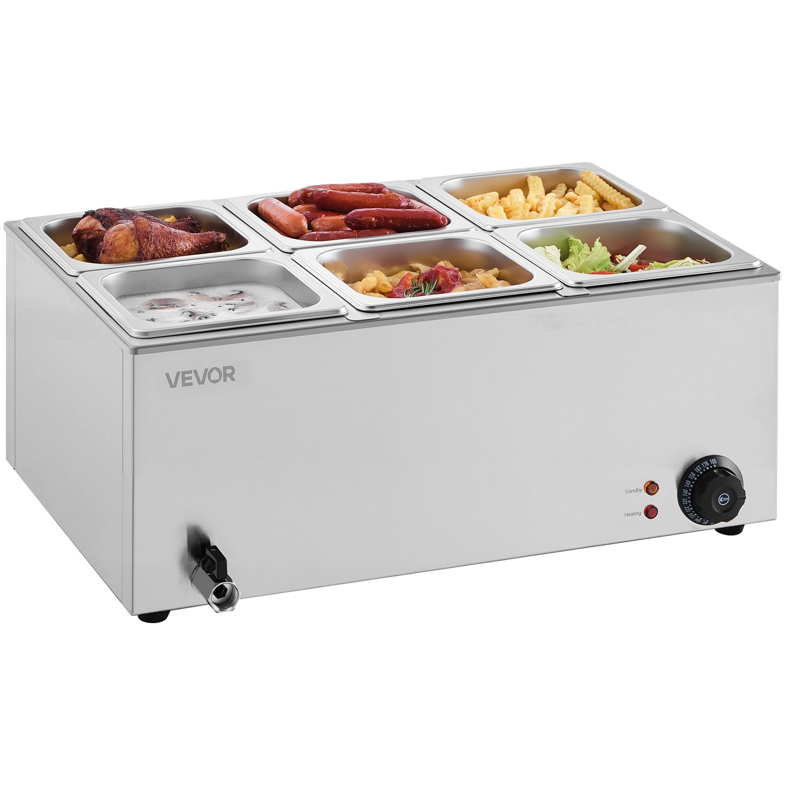 24QT Commercial Food Warmer, 6-Pan Electric Steam Table, 1200W Professional Coun