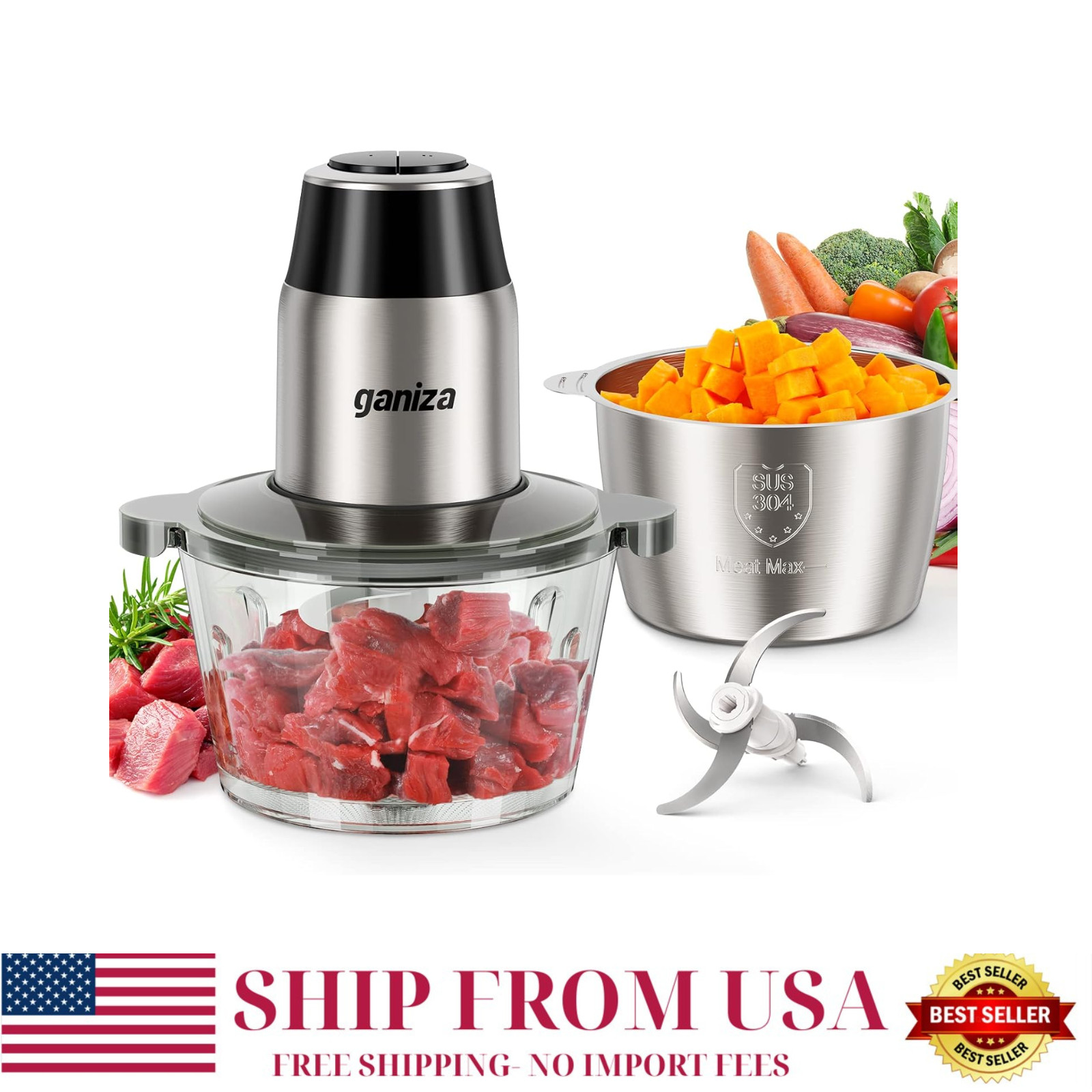 GANIZA Electric Food Chopper Processor 450W 8 Cup Dual Bowl Meat Veggie Grinder
