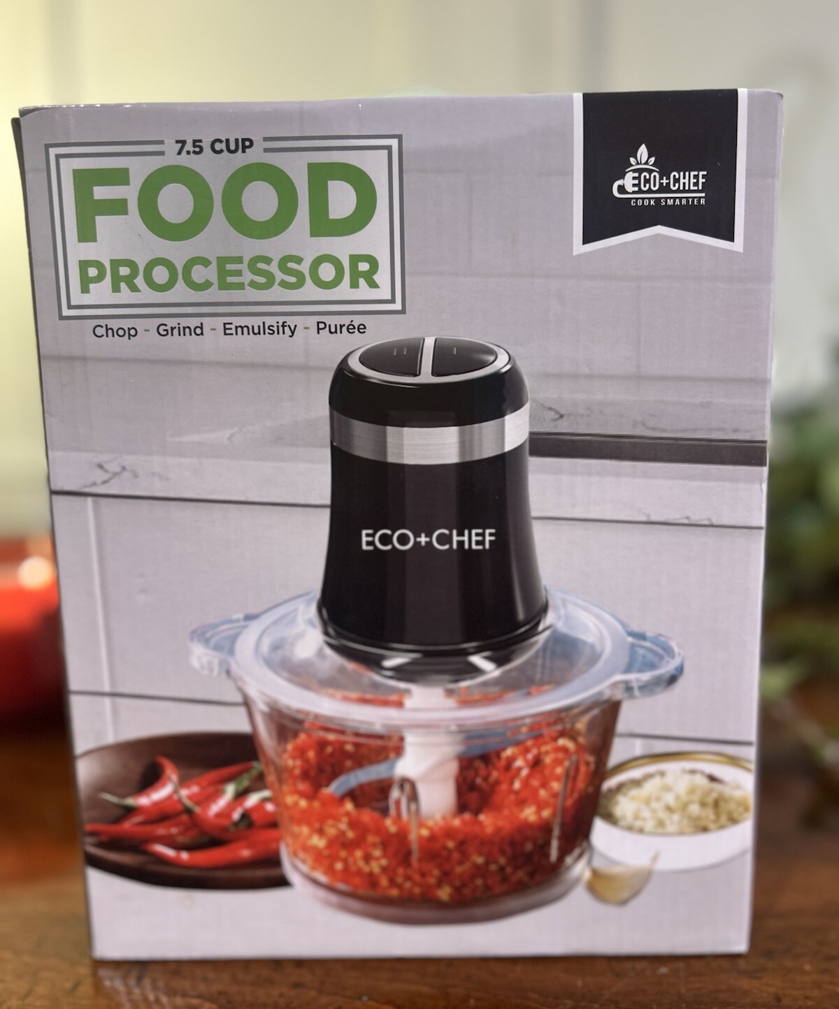 ECO + CHEF 7.5 CUP FOOD PROCESSOR Grind, Chop, Emulsify, And Purée. Glass Bowl