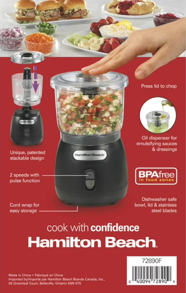 Hamilton Beach Food Chopper, 3 Cup, Stack & Press, 2 Speed, Mini Food Processor