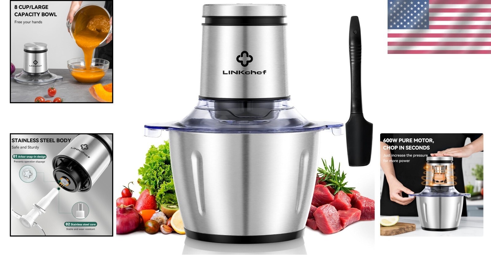 8 Cup Electric Food Chopper & Meat Grinder – 600W Stainless Steel Processor